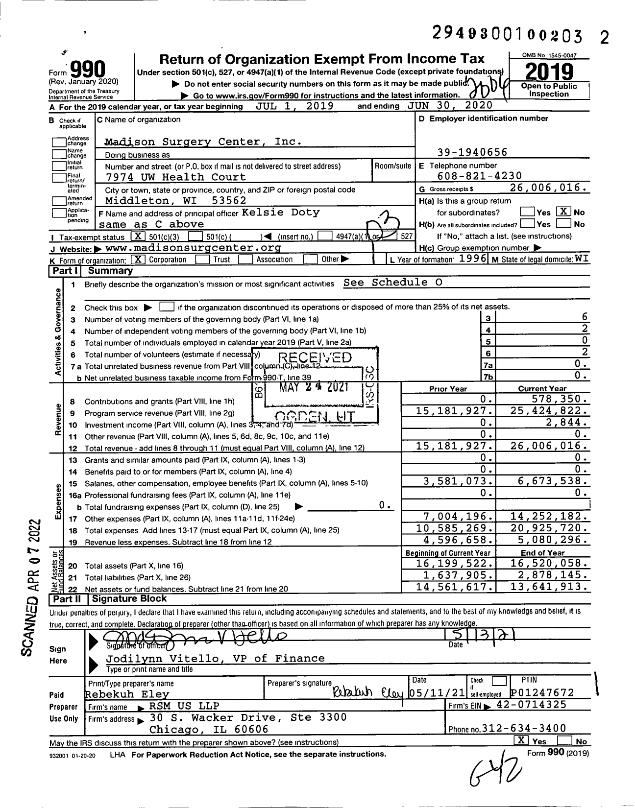 Image of first page of 2019 Form 990 for Madison Surgery Center (MSC)