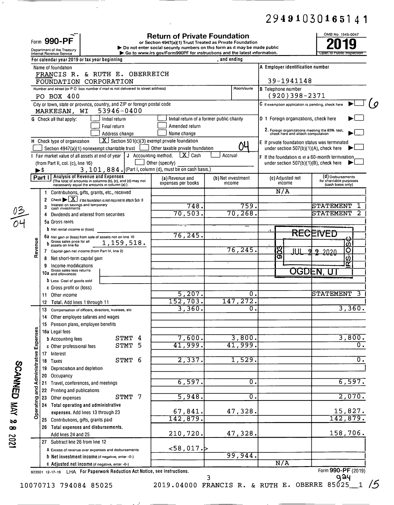 Image of first page of 2019 Form 990PF for Francis R and Ruth E Oberreich Foundation Corporation