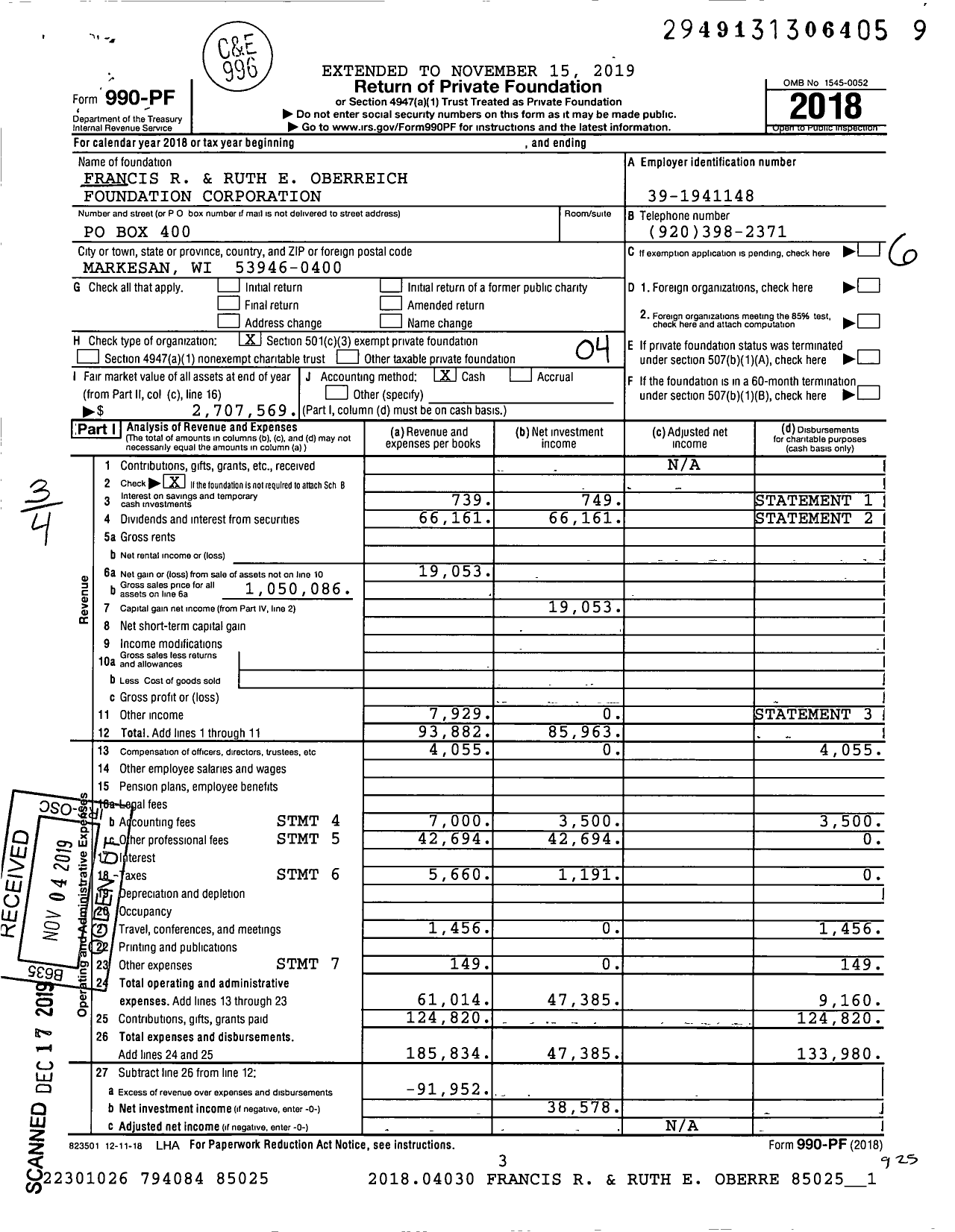 Image of first page of 2018 Form 990PF for Francis R and Ruth E Oberreich Foundation Corporation