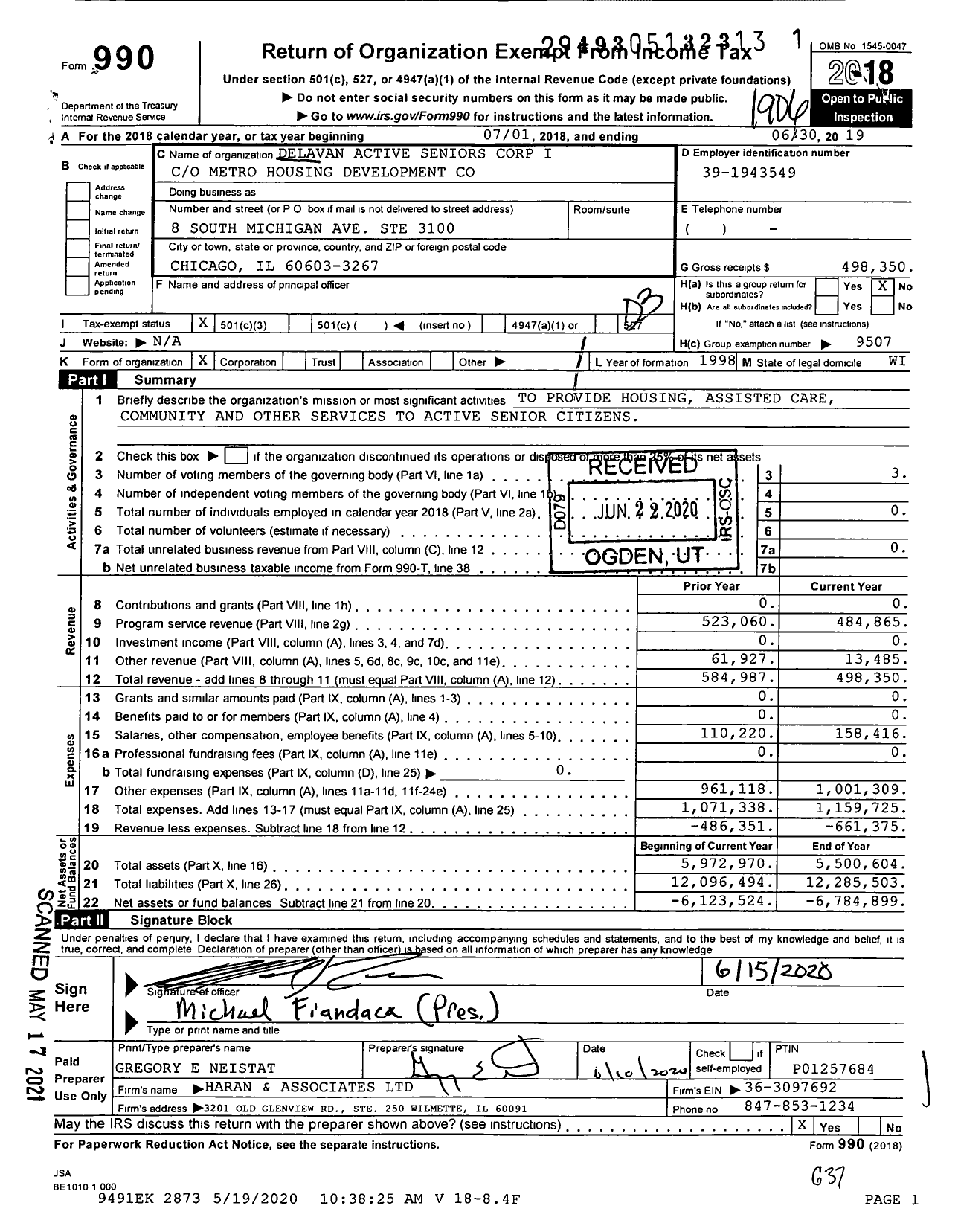 Image of first page of 2018 Form 990 for Delavan Active Seniors Corp I