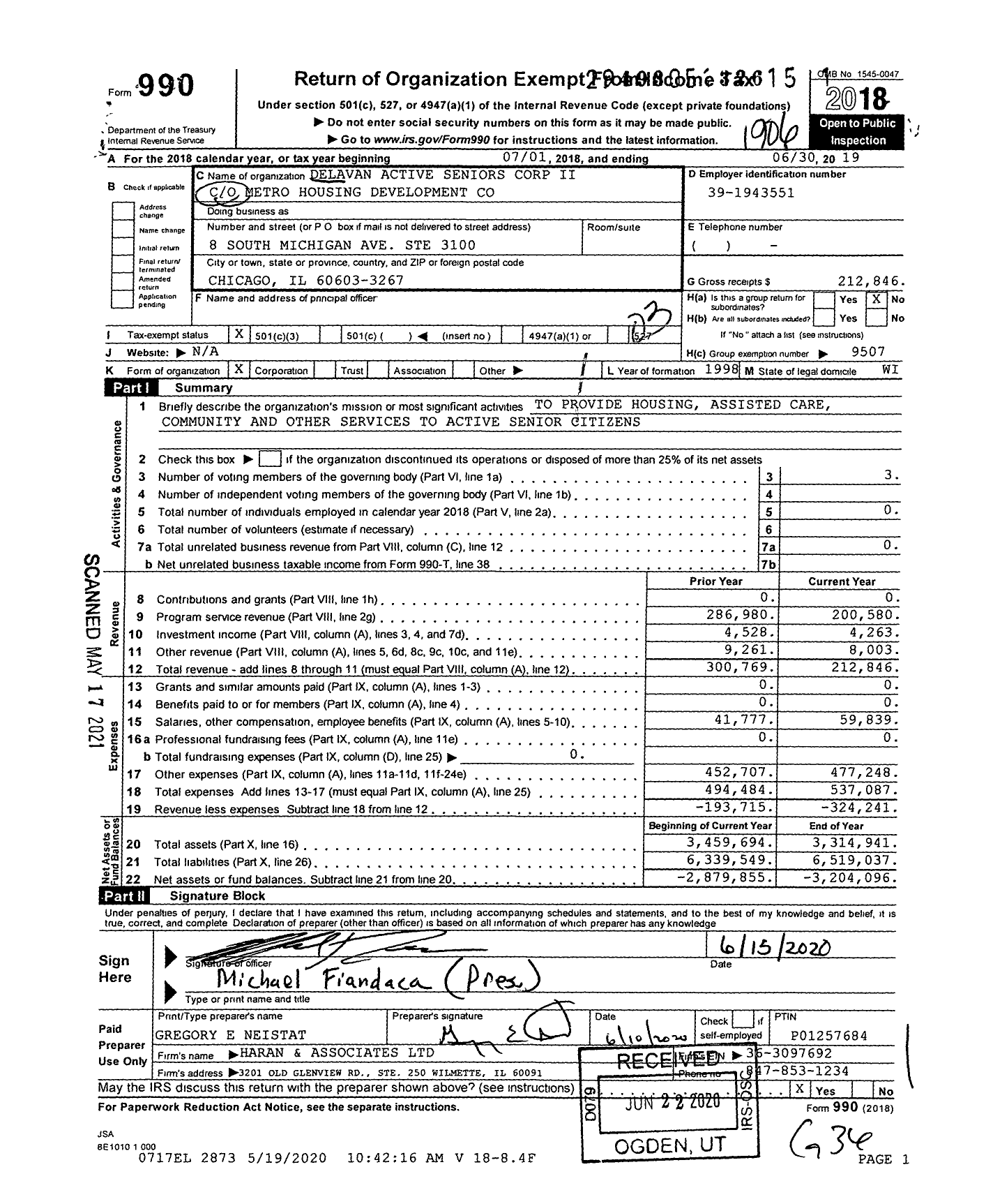 Image of first page of 2018 Form 990 for Delavan Active Seniors Corp Ii