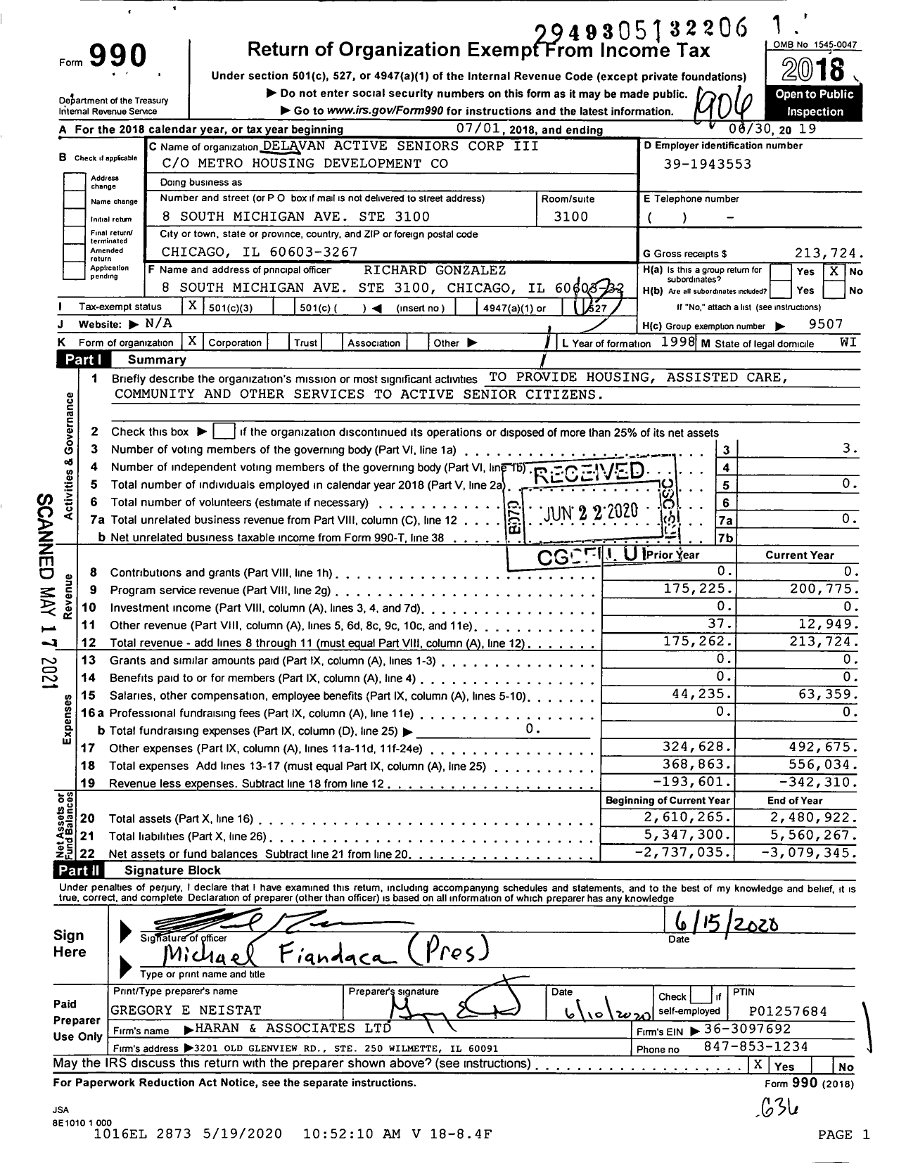 Image of first page of 2018 Form 990 for Delavan Active Seniors Corp Iii