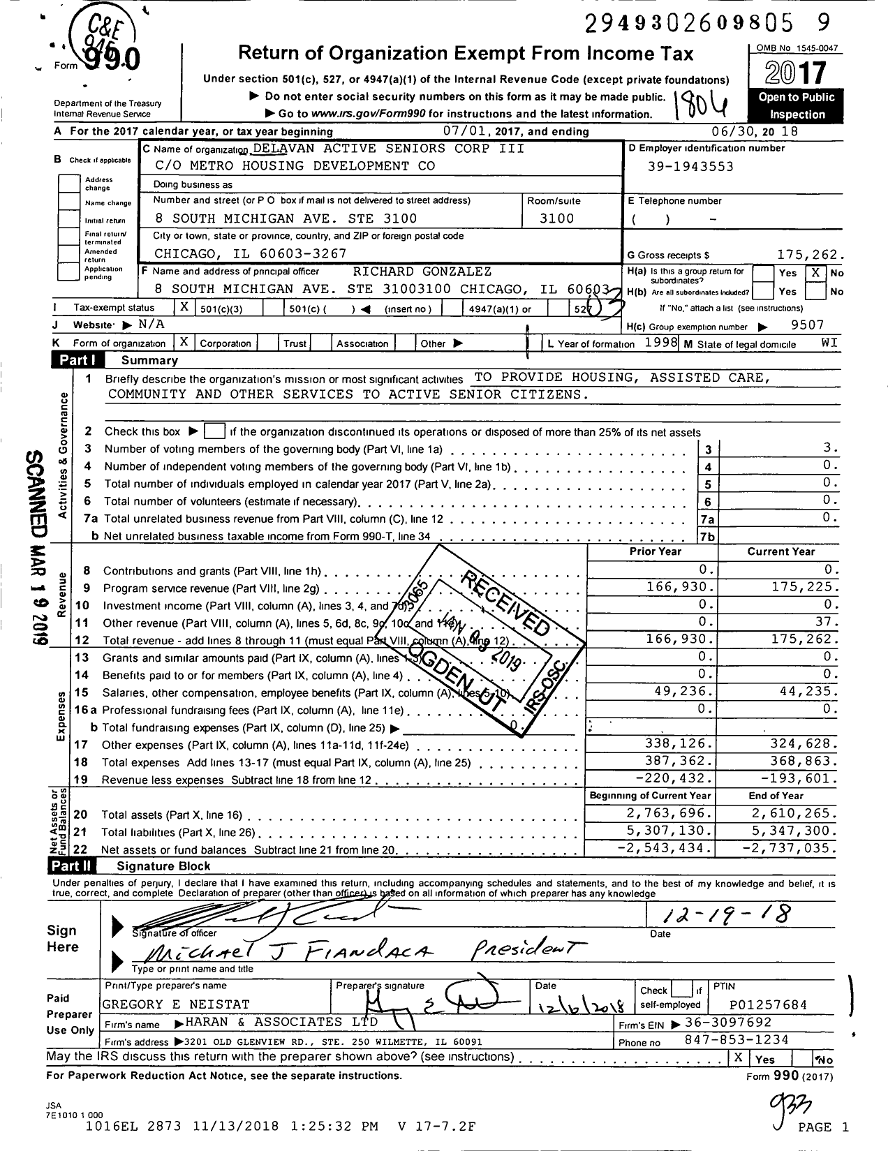 Image of first page of 2017 Form 990 for Delavan Active Seniors Corp Iii