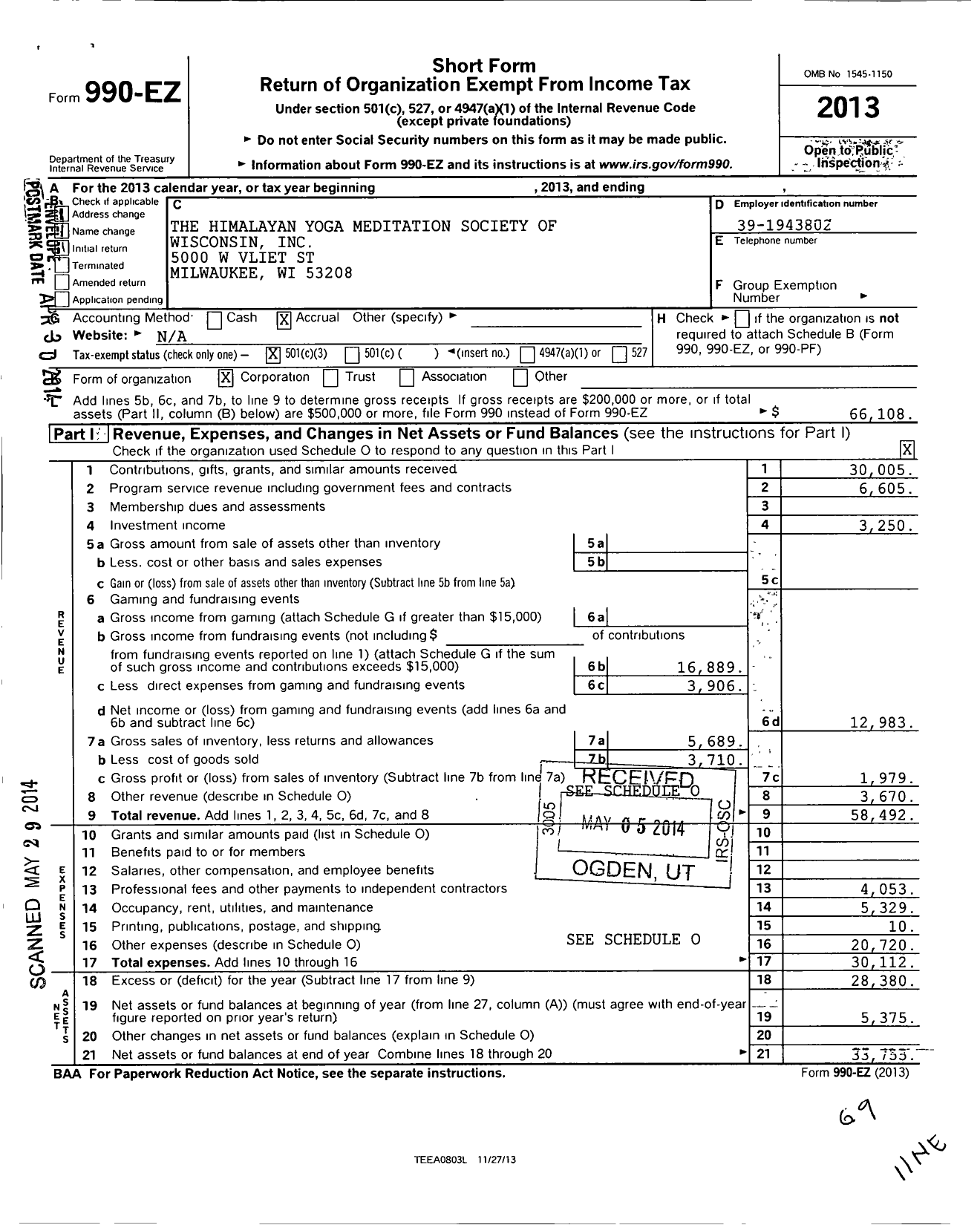 Image of first page of 2013 Form 990EZ for Himalayan Yoga Meditation Society of Wisconsin