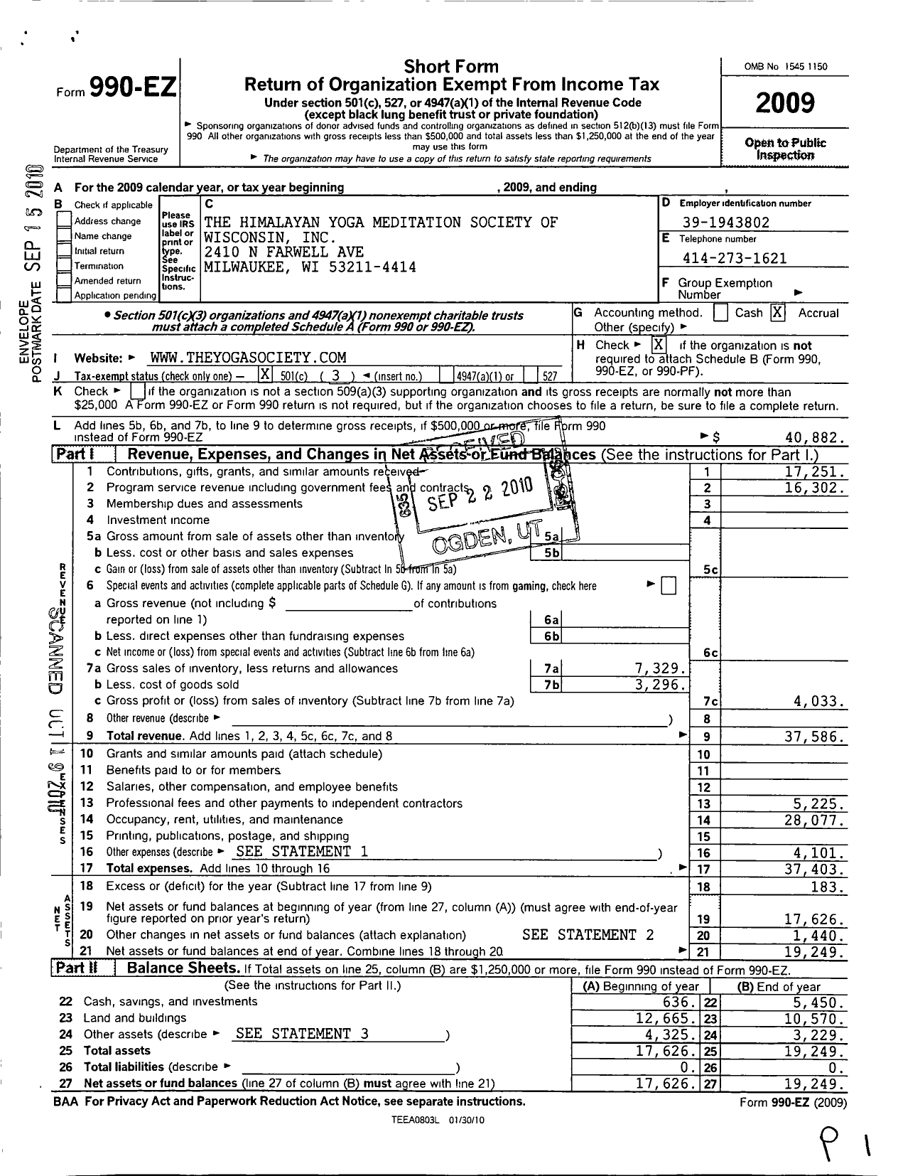 Image of first page of 2009 Form 990EZ for Himalayan Yoga Meditation Society of Wisconsin