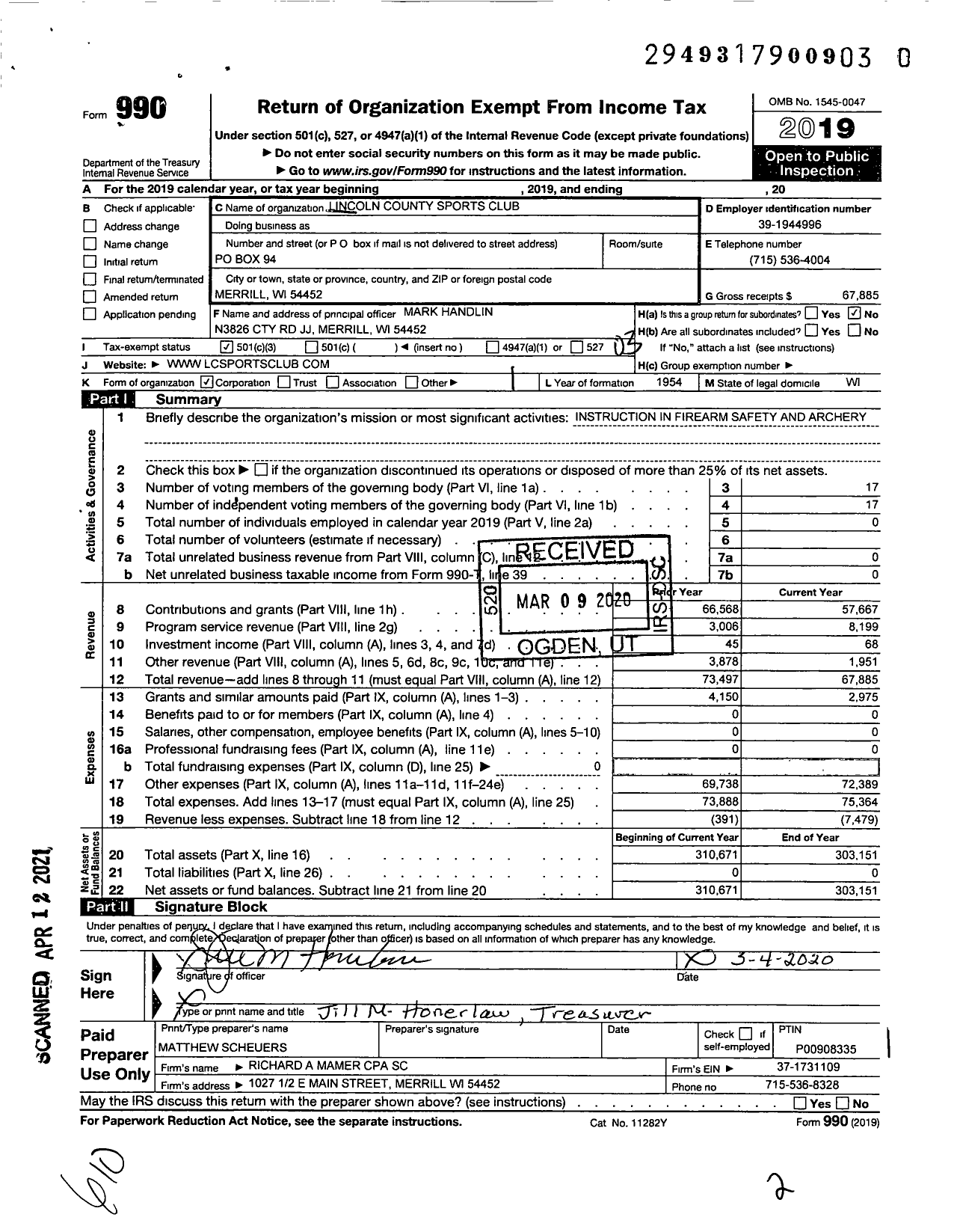 Image of first page of 2019 Form 990 for Lincoln County Sports Club