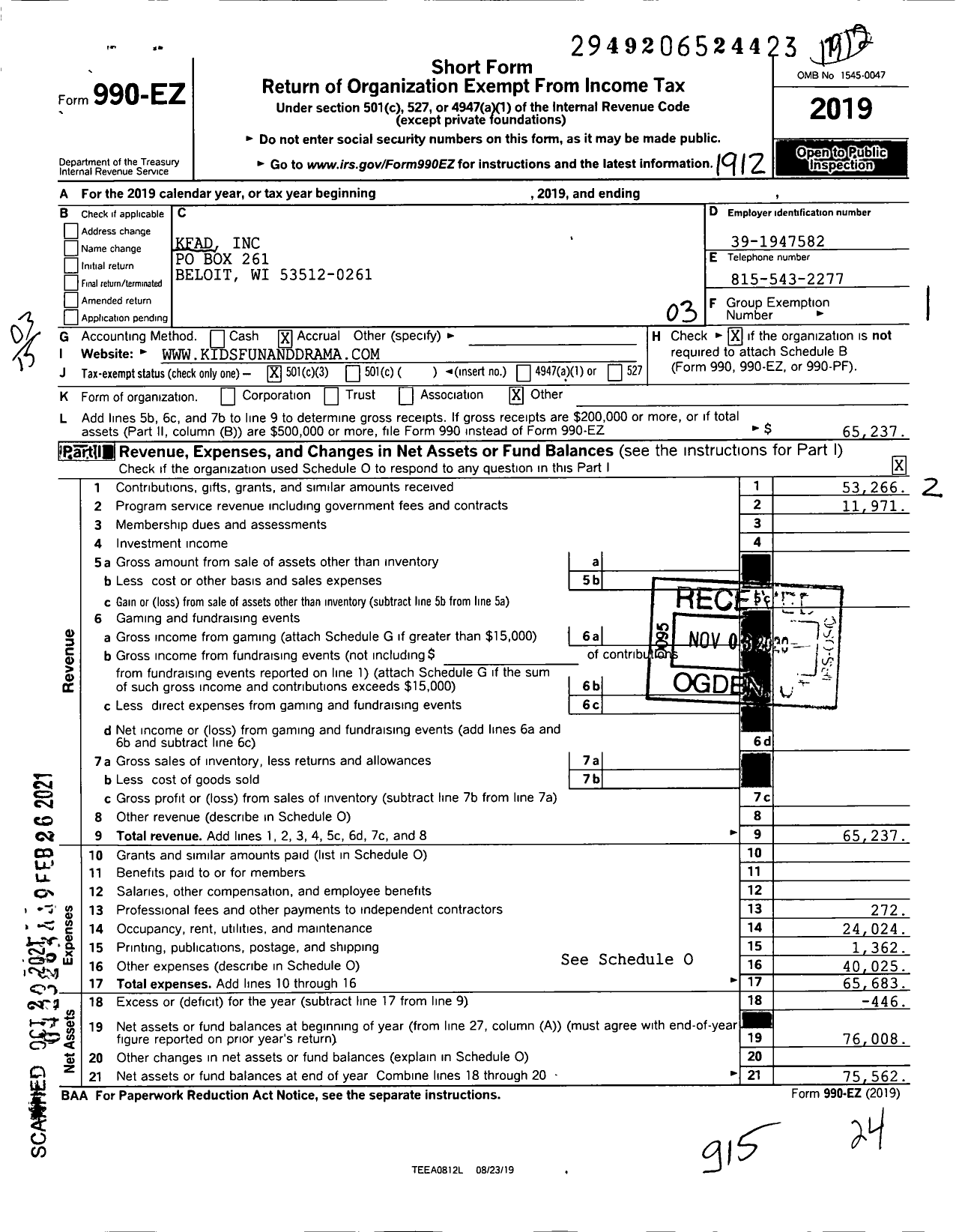 Image of first page of 2019 Form 990EZ for Kfad