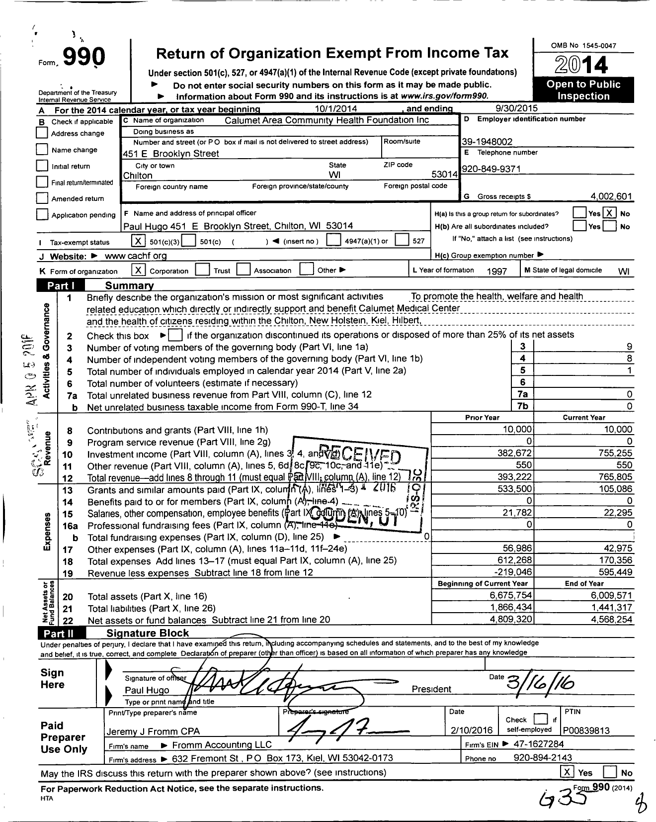 Image of first page of 2014 Form 990 for Calumet Area Community Health Foundation