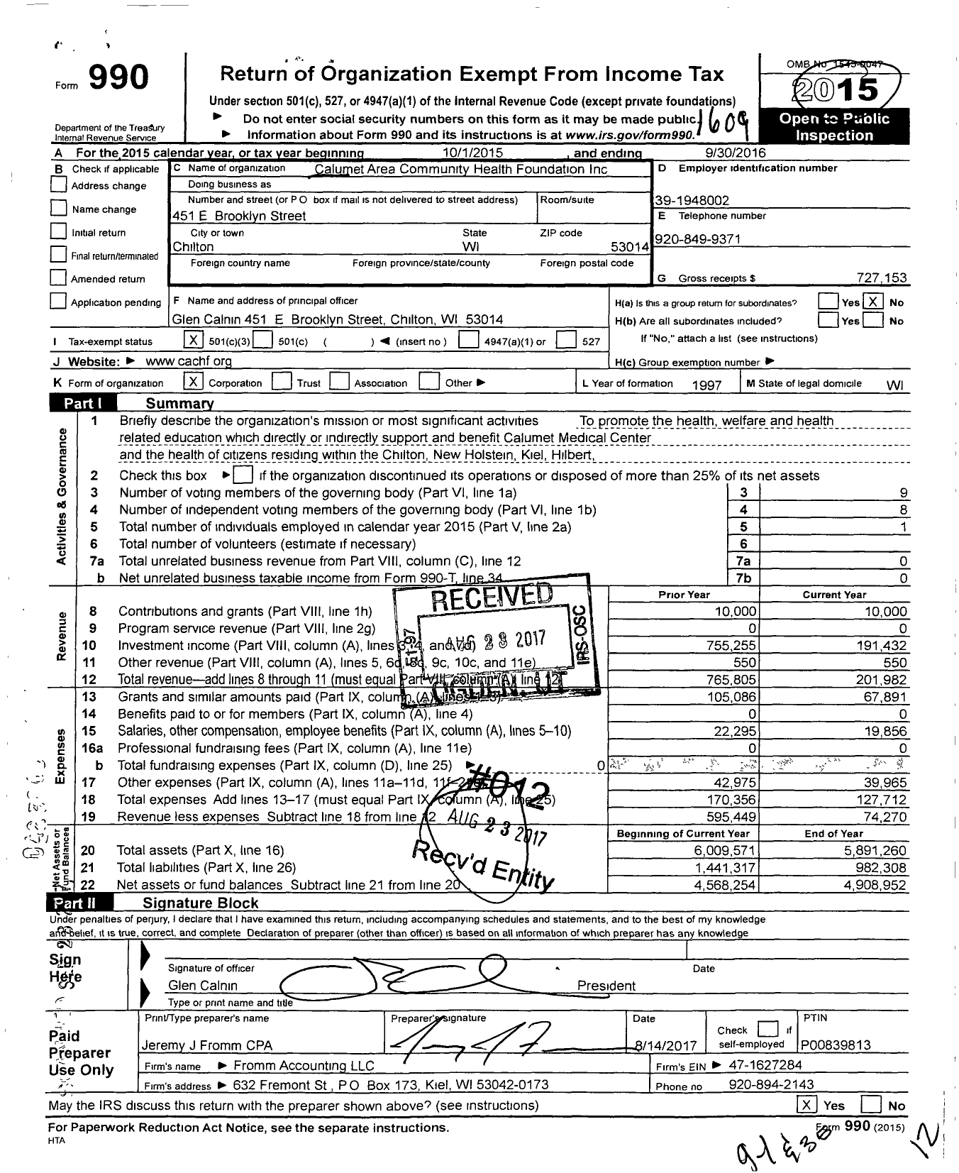 Image of first page of 2015 Form 990 for Calumet Area Community Health Foundation