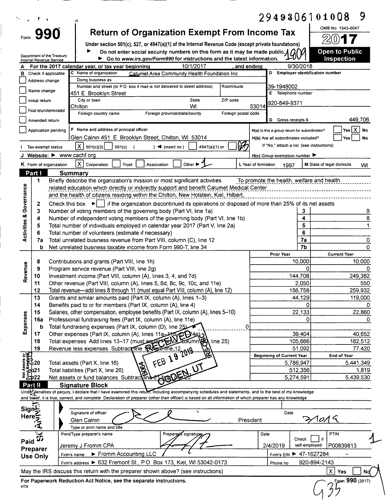 Image of first page of 2017 Form 990 for Calumet Area Community Health Foundation