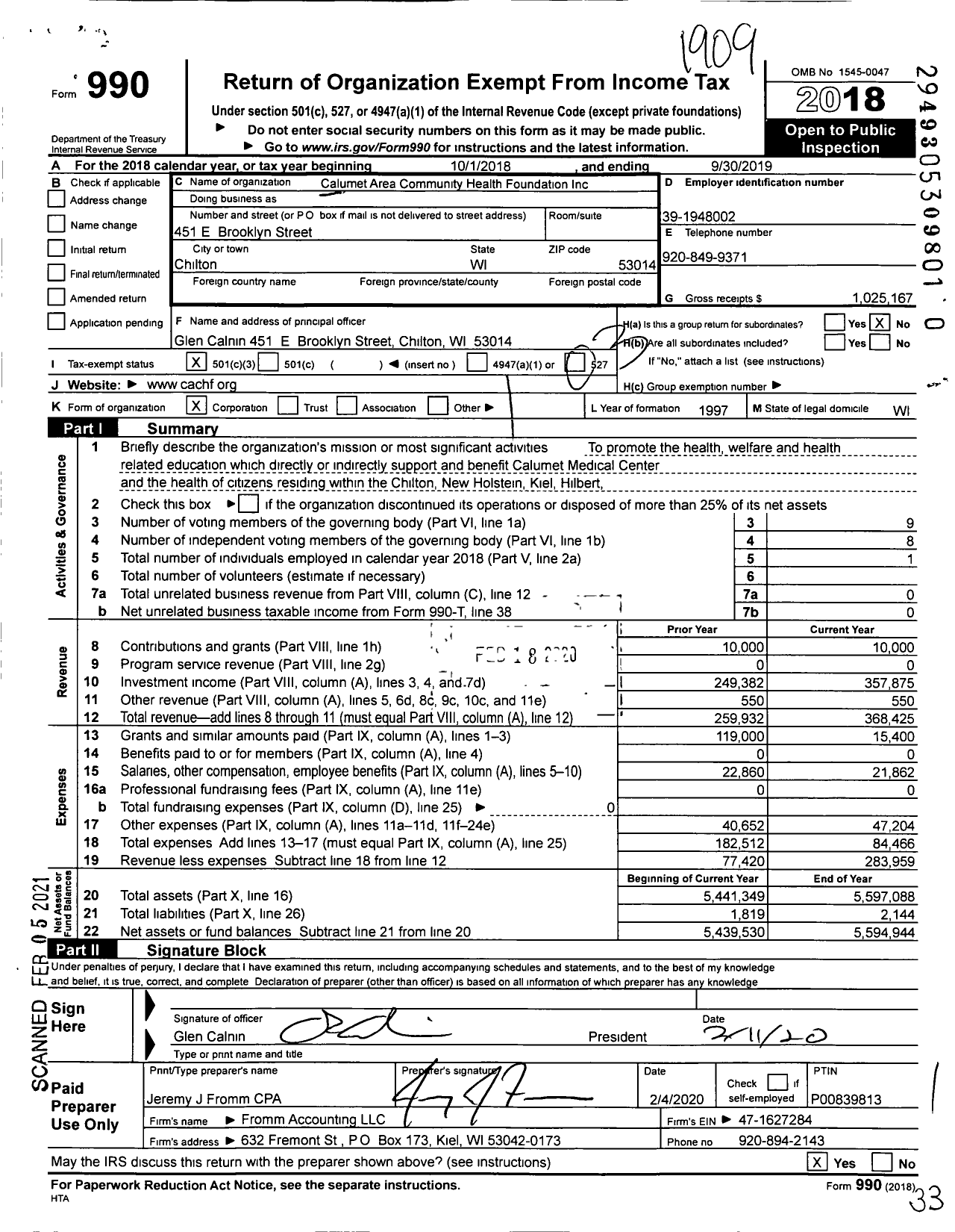 Image of first page of 2018 Form 990 for Calumet Area Community Health Foundation