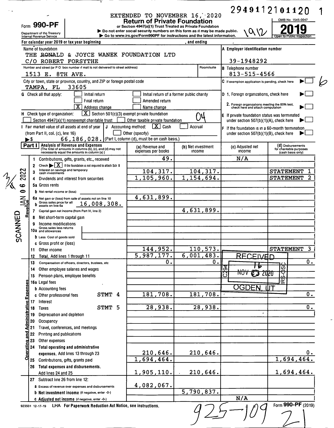 Image of first page of 2019 Form 990PF for Ronald & Joyce Wanek Foundation