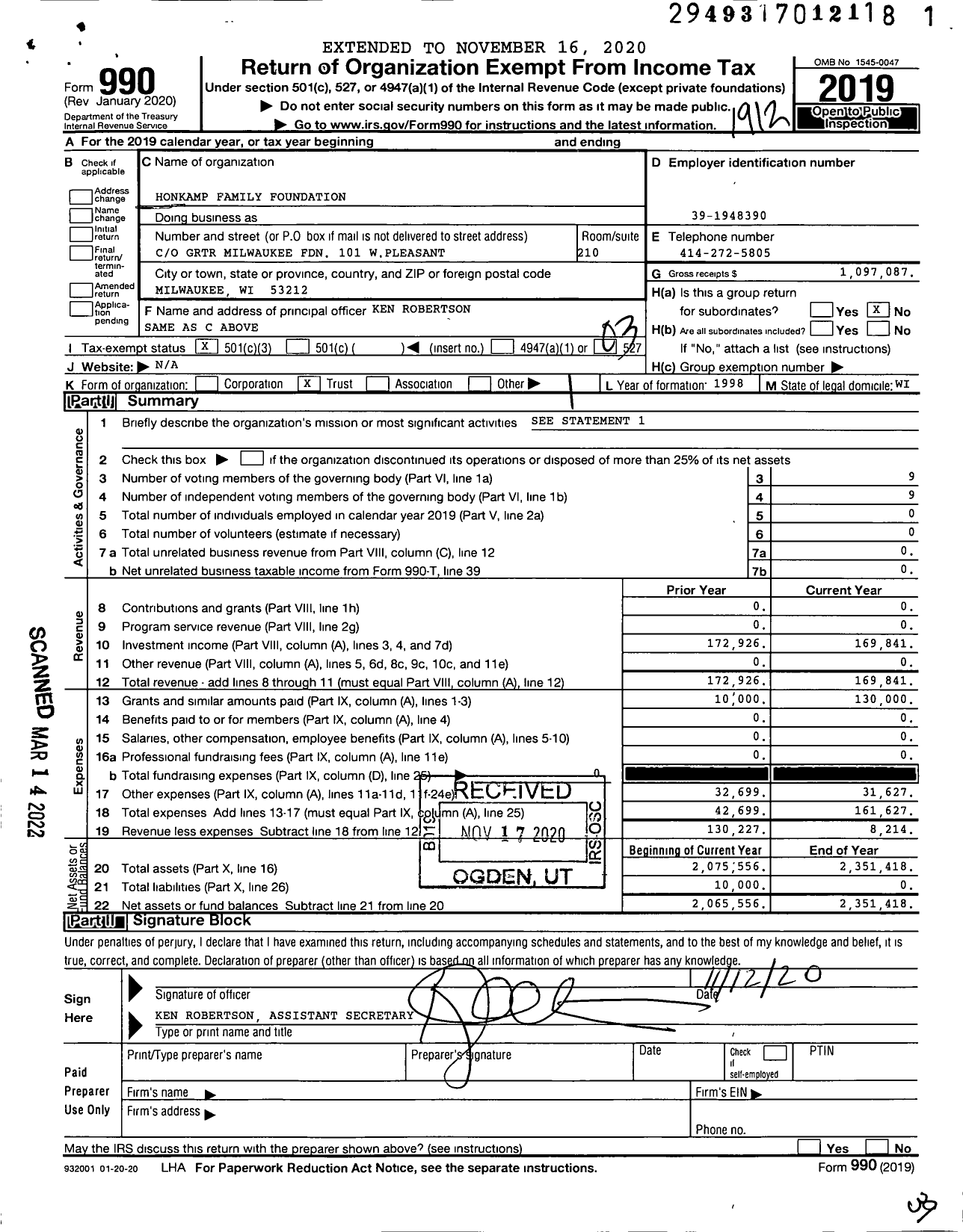 Image of first page of 2019 Form 990 for Honkamp Family Foundation