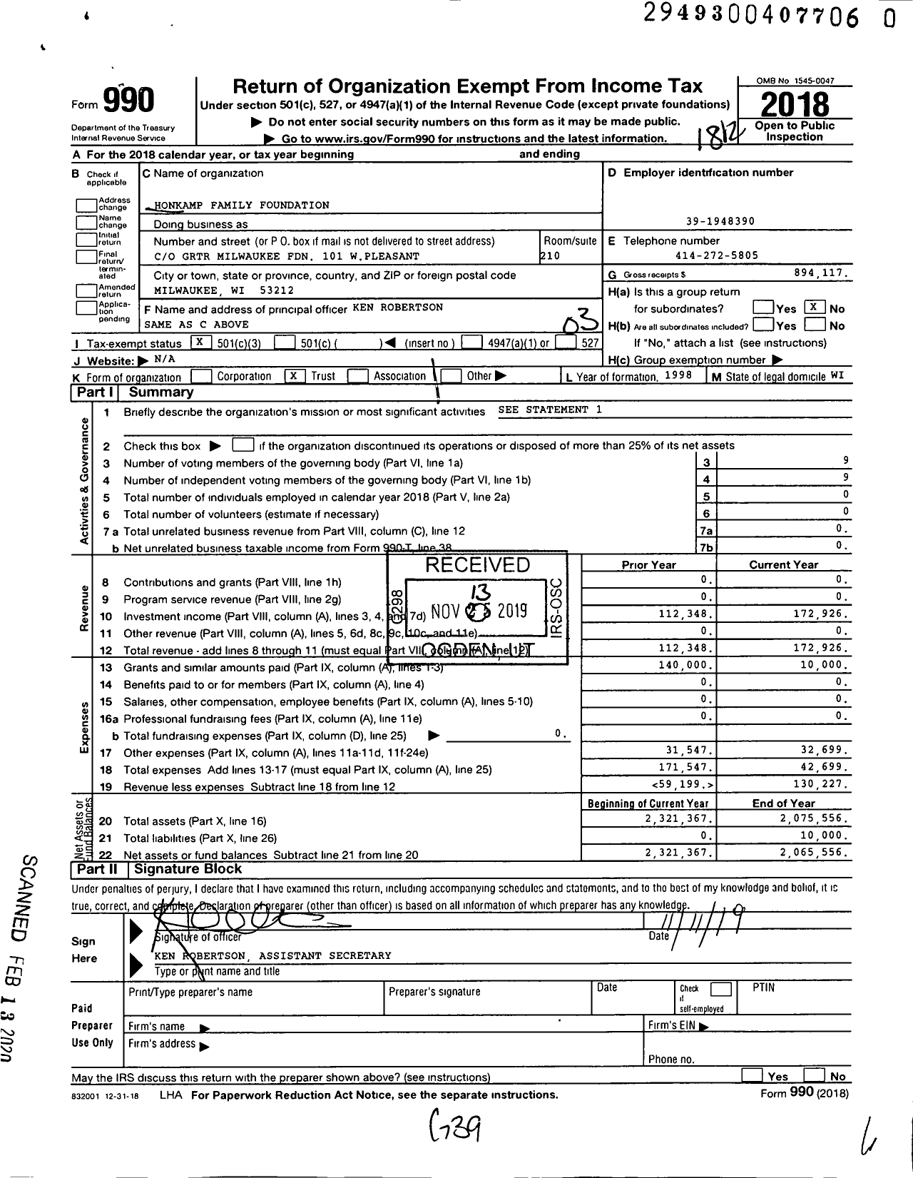 Image of first page of 2018 Form 990 for Honkamp Family Foundation