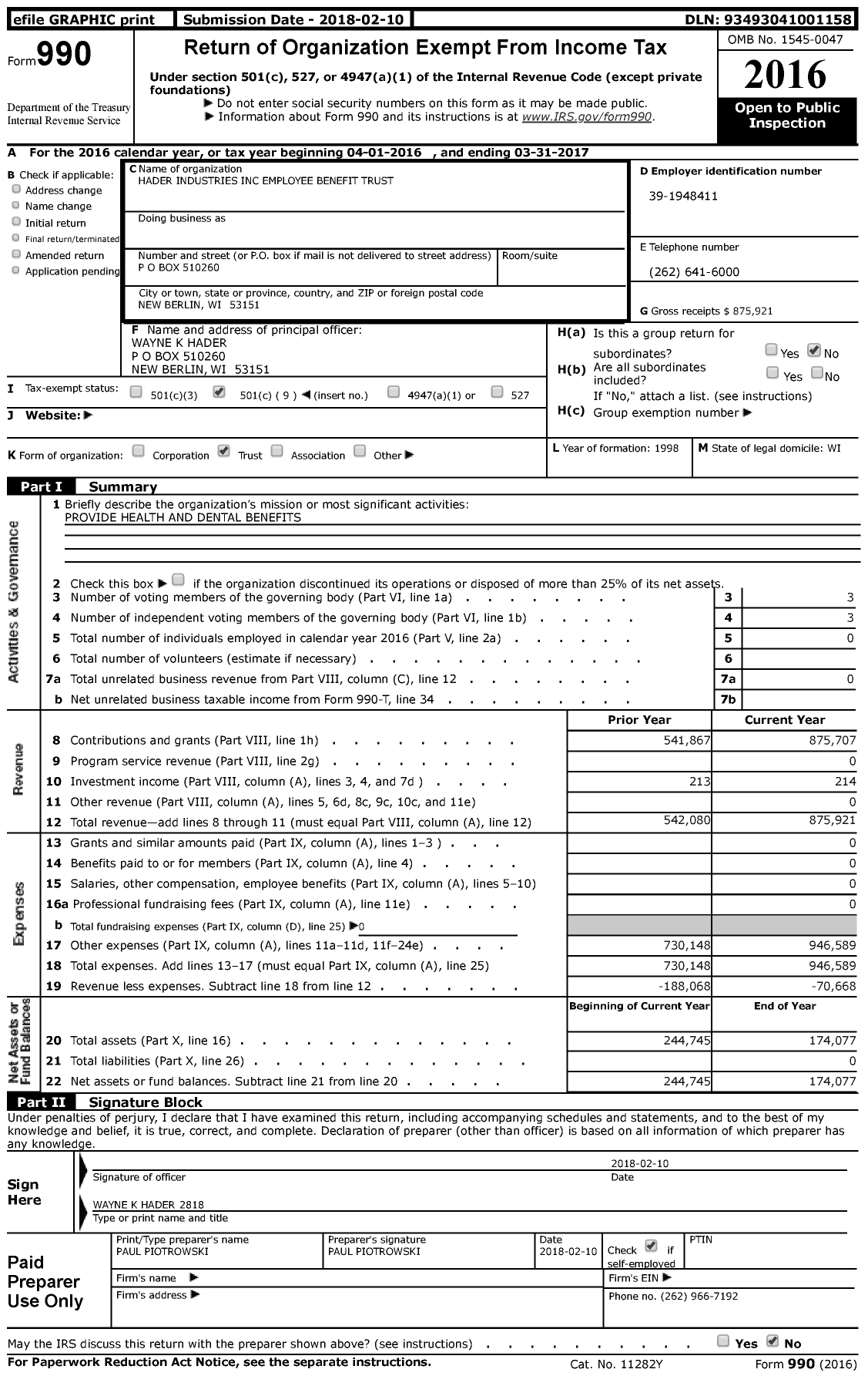 Image of first page of 2016 Form 990 for Hader Industries Employee Benefit Trust
