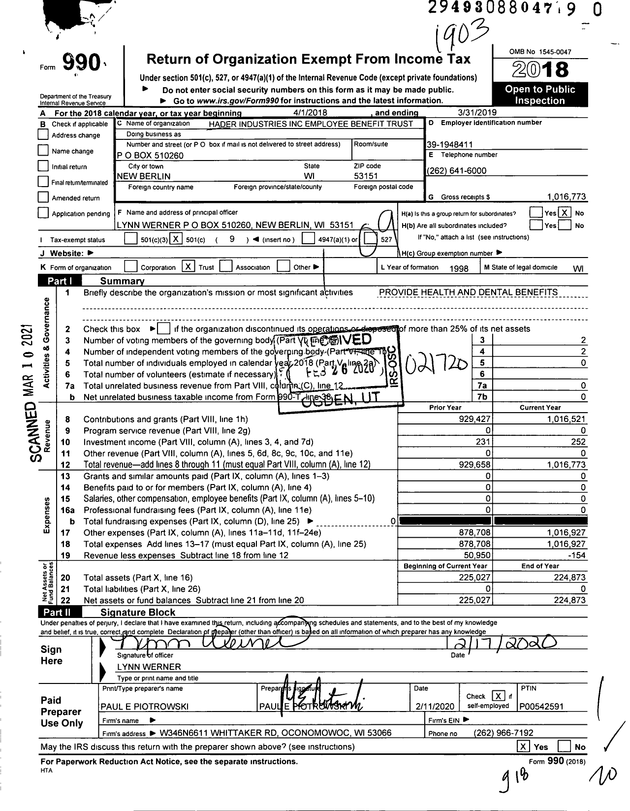 Image of first page of 2018 Form 990O for Hader Industries Employee Benefit Trust