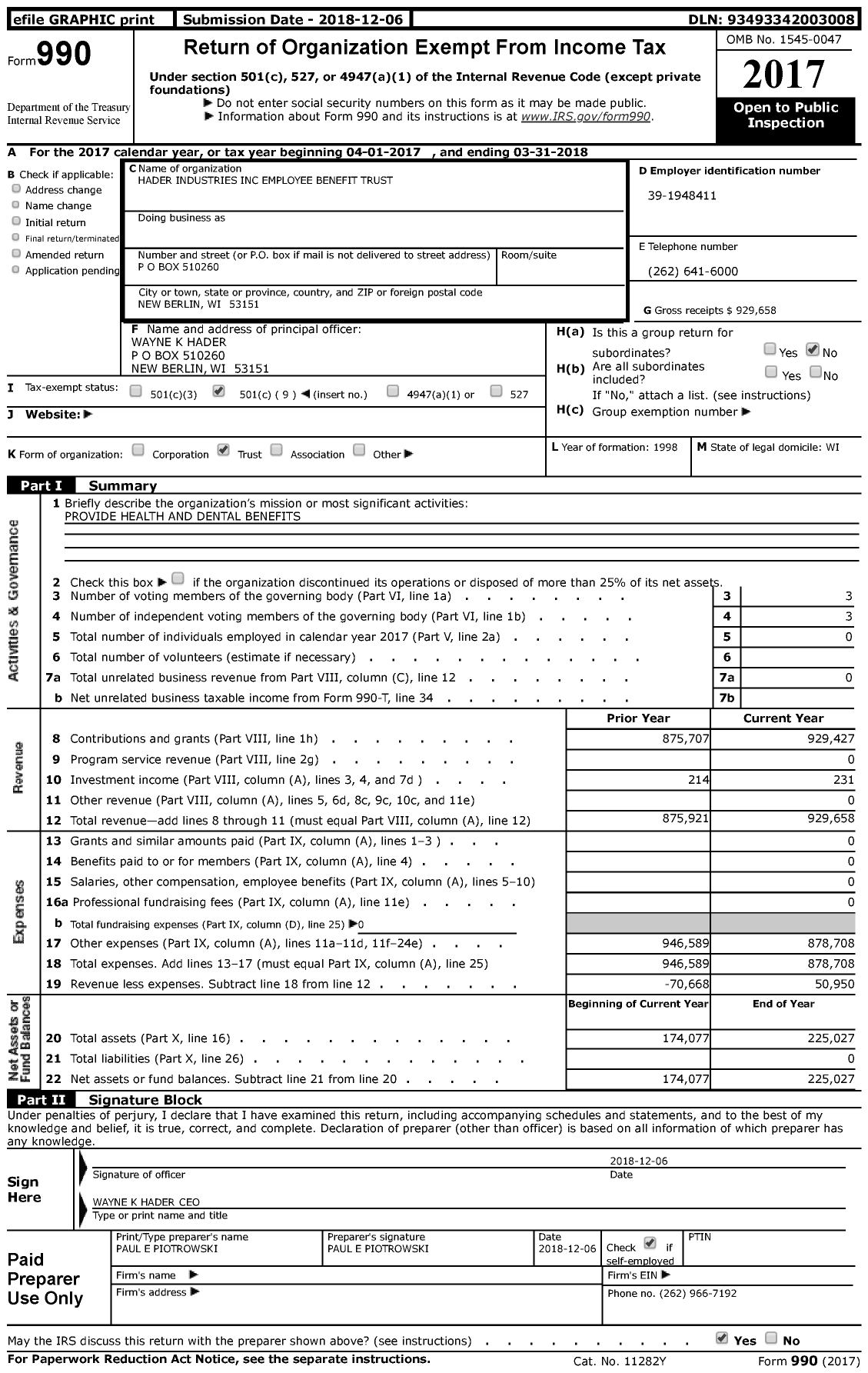 Image of first page of 2017 Form 990 for Hader Industries Employee Benefit Trust