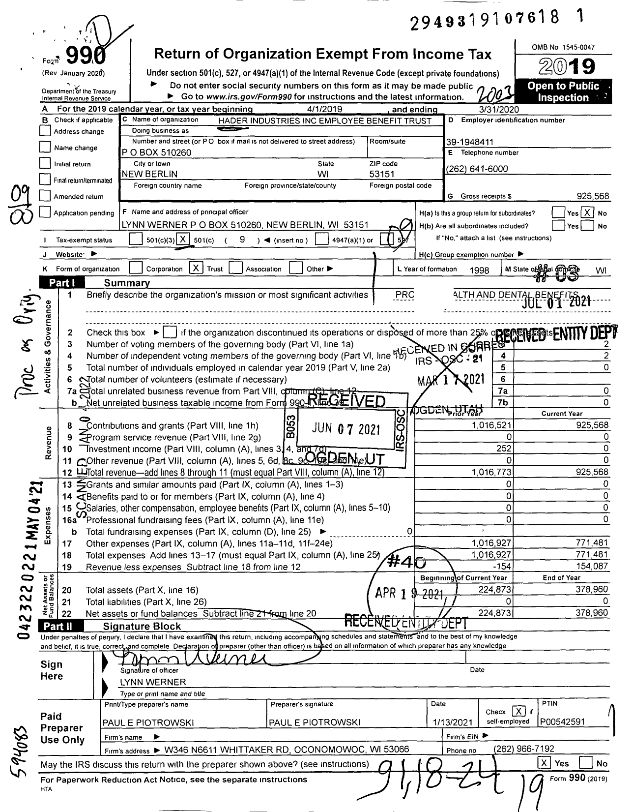 Image of first page of 2019 Form 990O for Hader Industries Employee Benefit Trust