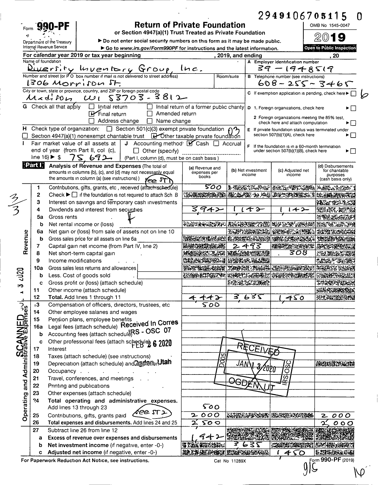 Image of first page of 2019 Form 990PR for Diversity Inventory Group