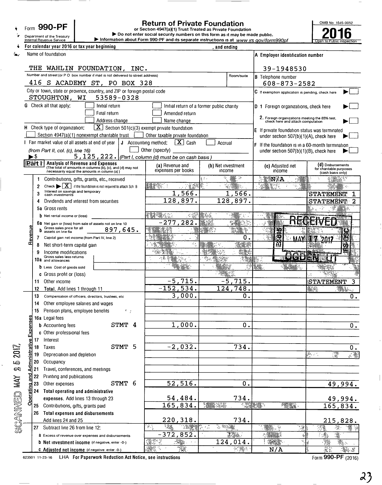Image of first page of 2016 Form 990PF for The Wahlin Foundation