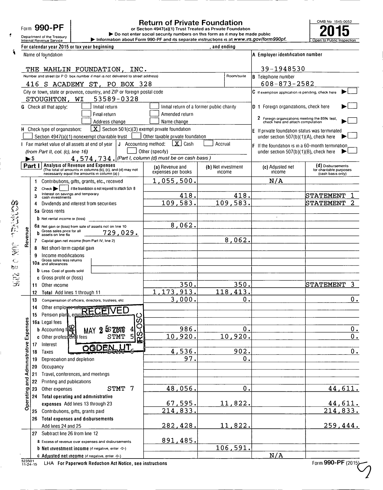 Image of first page of 2015 Form 990PF for The Wahlin Foundation