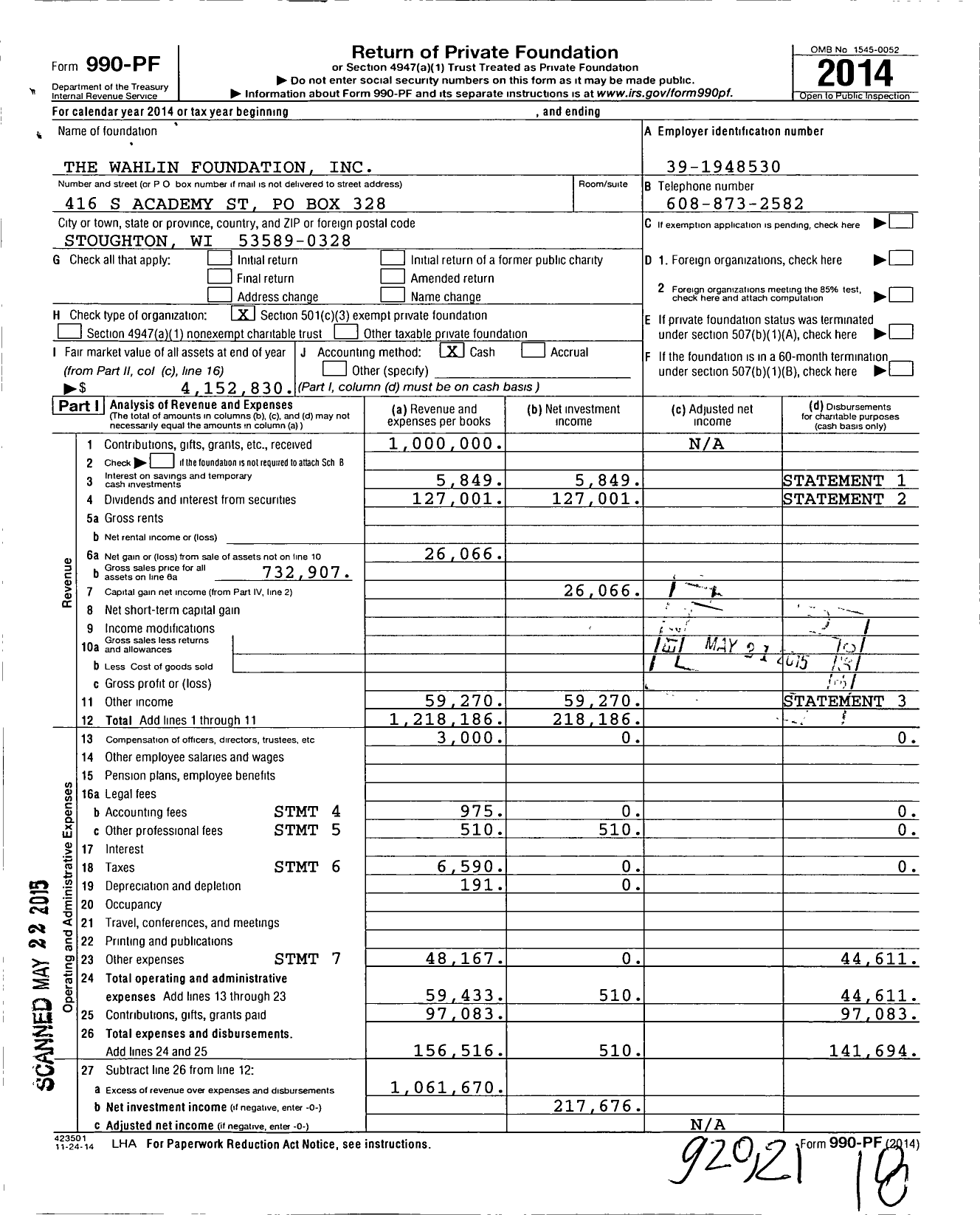 Image of first page of 2014 Form 990PF for The Wahlin Foundation
