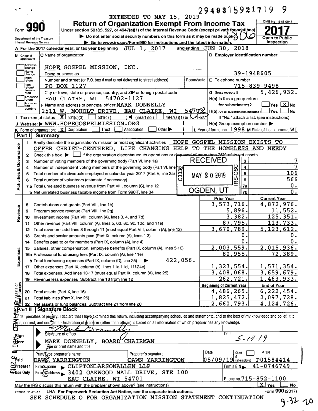 Image of first page of 2017 Form 990 for Hope Gospel Mission (HGM)