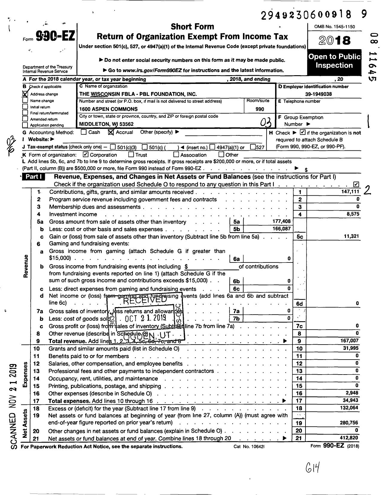 Image of first page of 2018 Form 990EZ for The Wisconsin Fbla-Pbl Foundation