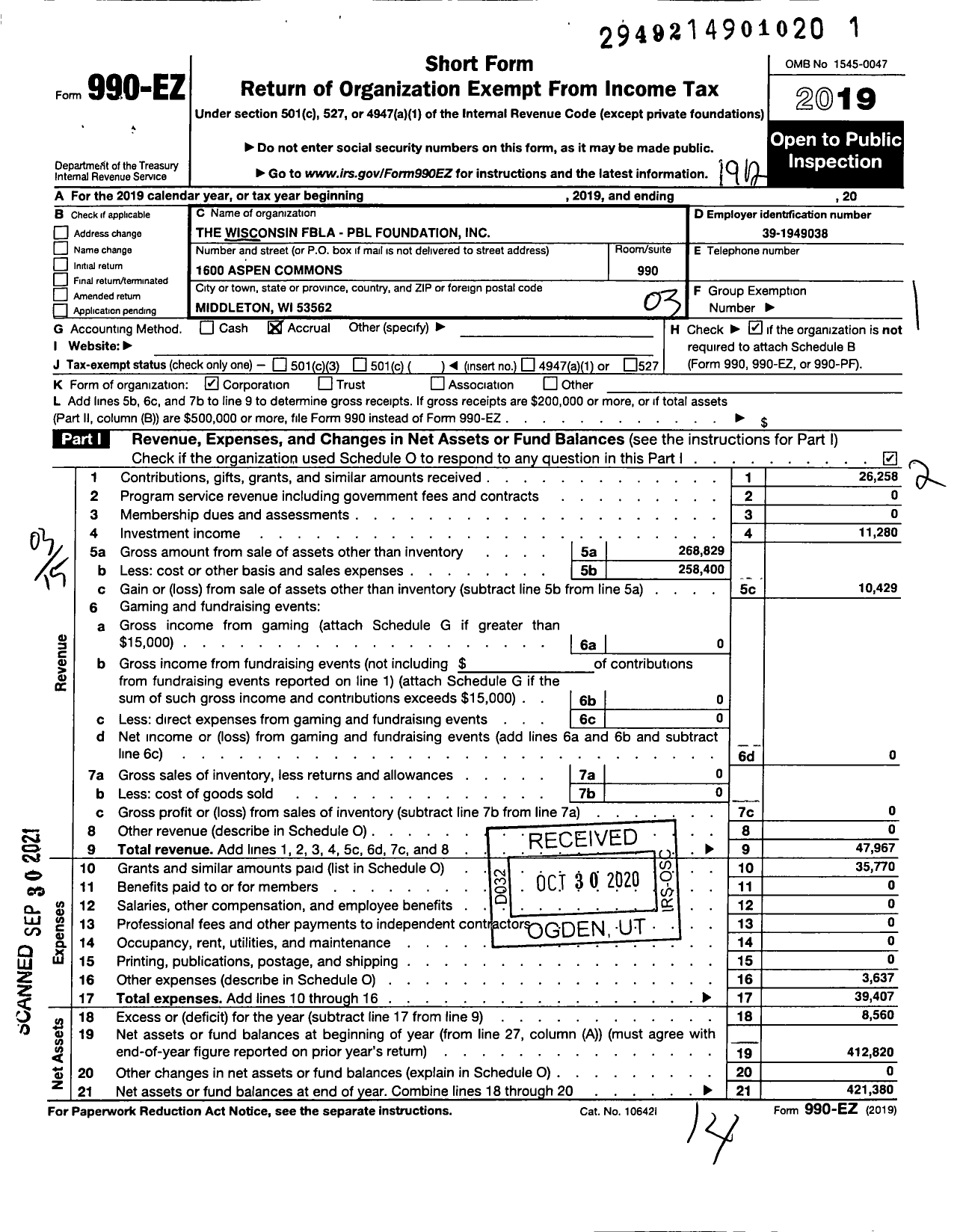 Image of first page of 2019 Form 990EZ for The Wisconsin Fbla-Pbl Foundation