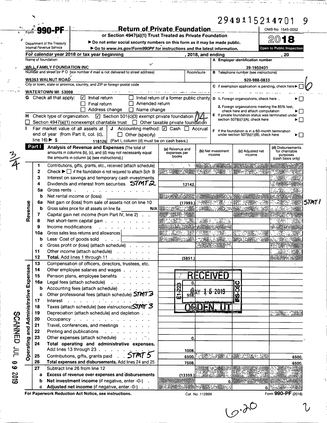 Image of first page of 2018 Form 990PF for Will Family Foundation