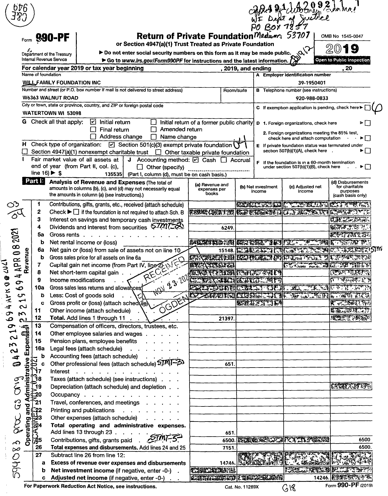 Image of first page of 2019 Form 990PF for Will Family Foundation
