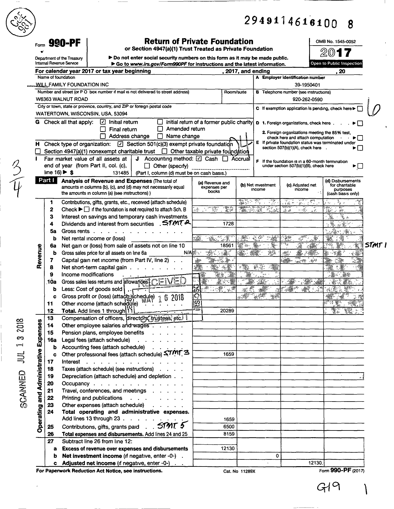 Image of first page of 2017 Form 990PF for Will Family Foundation