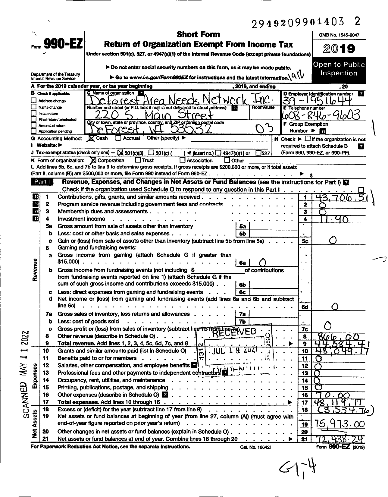 Image of first page of 2019 Form 990EZ for Deforest Area Needs Network