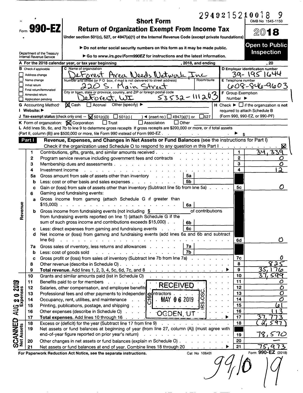 Image of first page of 2018 Form 990EZ for Deforest Area Needs Network