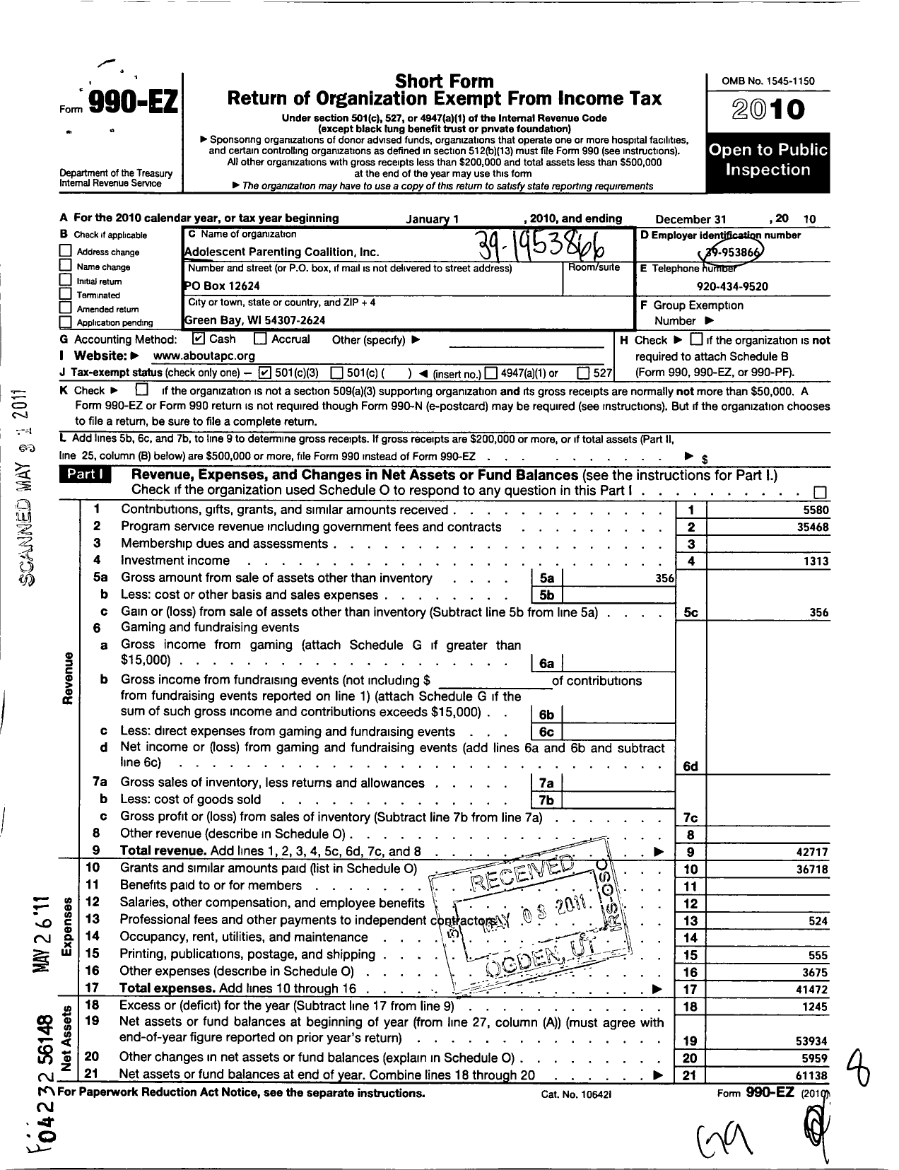 Image of first page of 2010 Form 990EZ for Adolescent Parenting Coalition