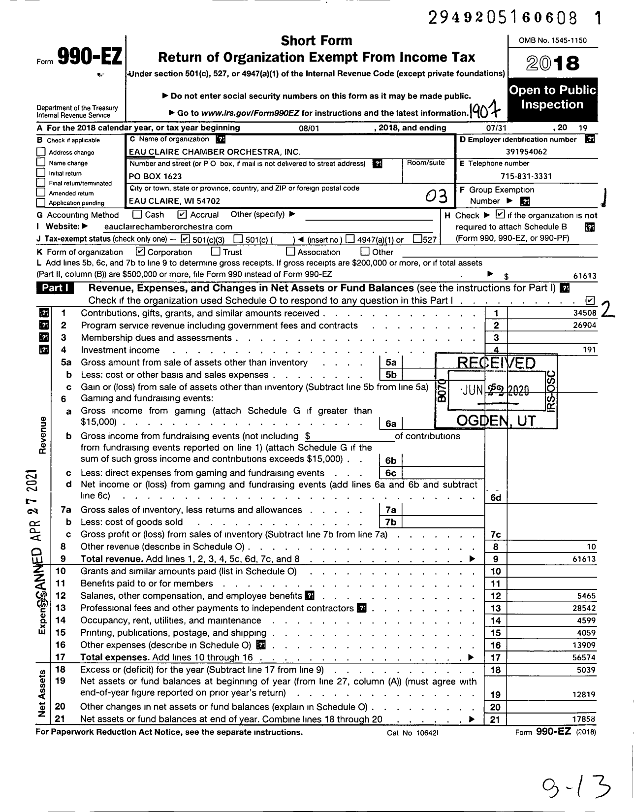 Image of first page of 2018 Form 990EZ for Eau Claire Chamber Orchestra