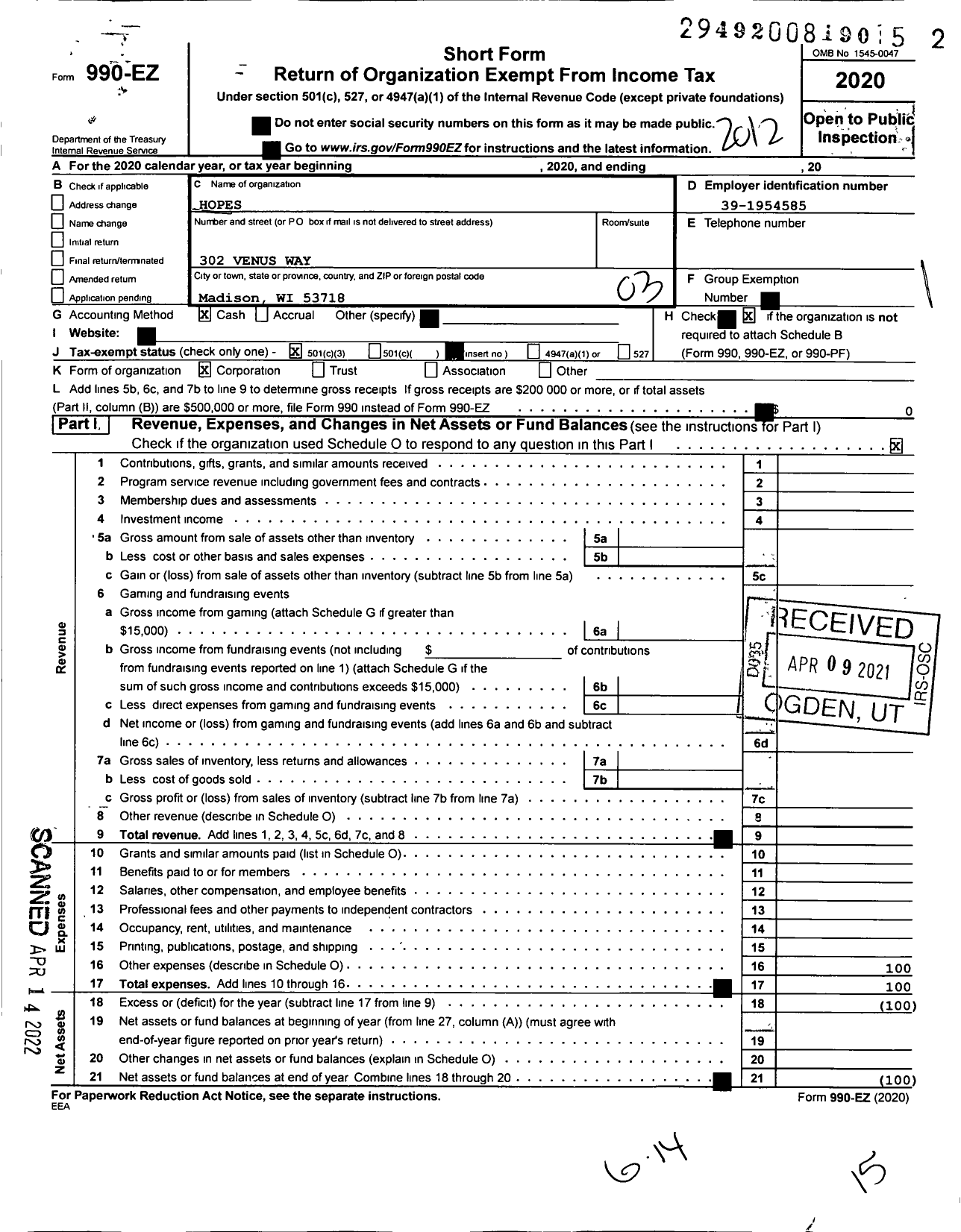 Image of first page of 2020 Form 990EZ for Hopes