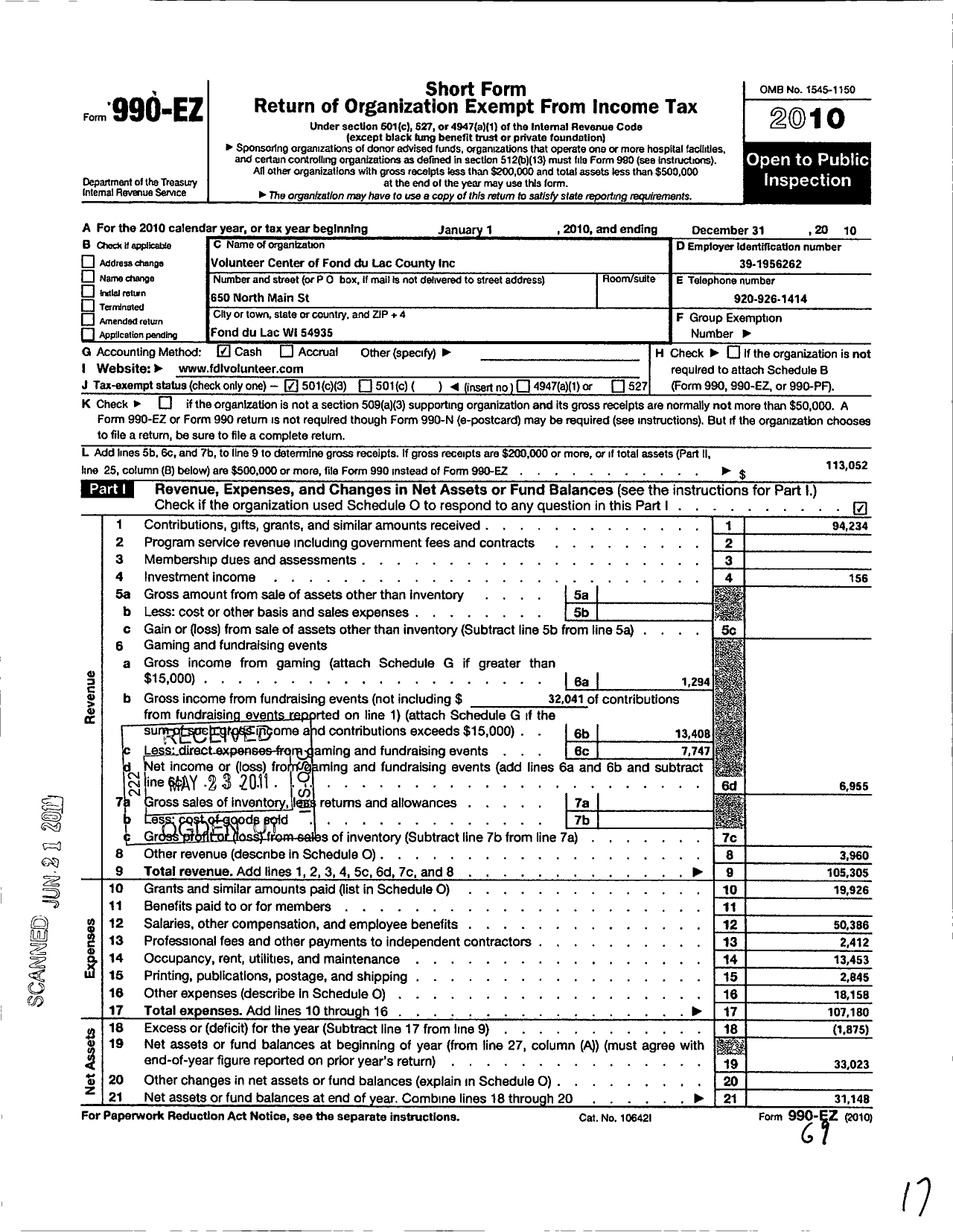 Image of first page of 2010 Form 990EZ for Volunteer Center of Fond Du Lac County