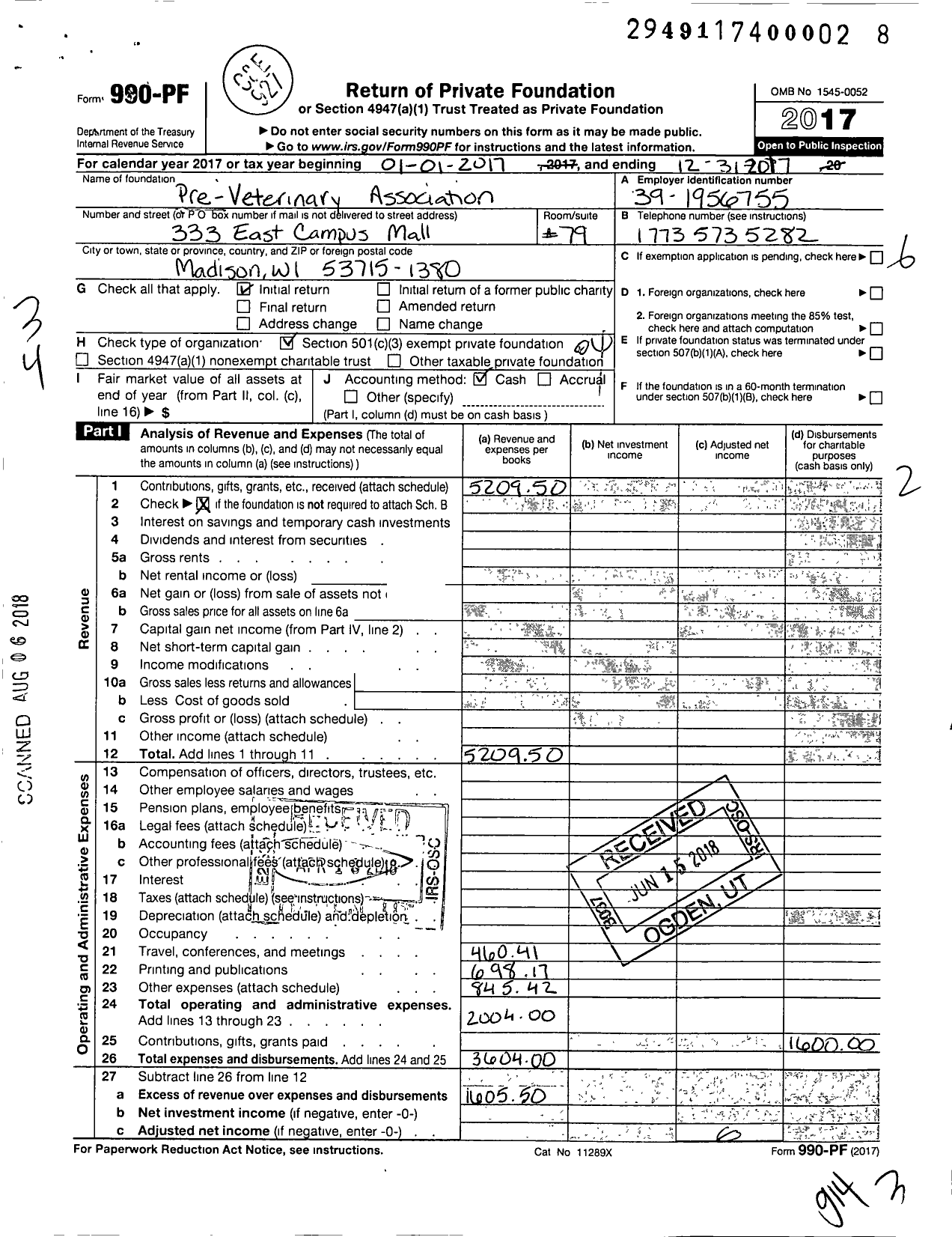 Image of first page of 2017 Form 990PF for Pre-Veterinary Association