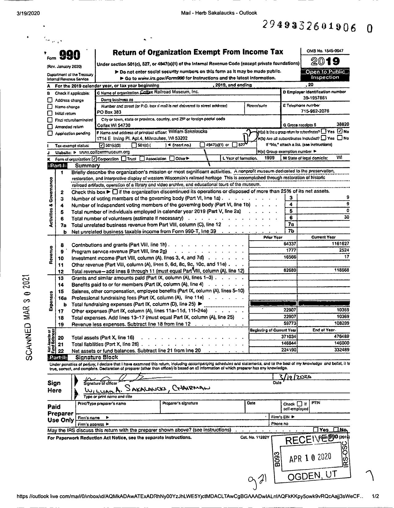 Image of first page of 2019 Form 990 for Colafax Railroad Museum