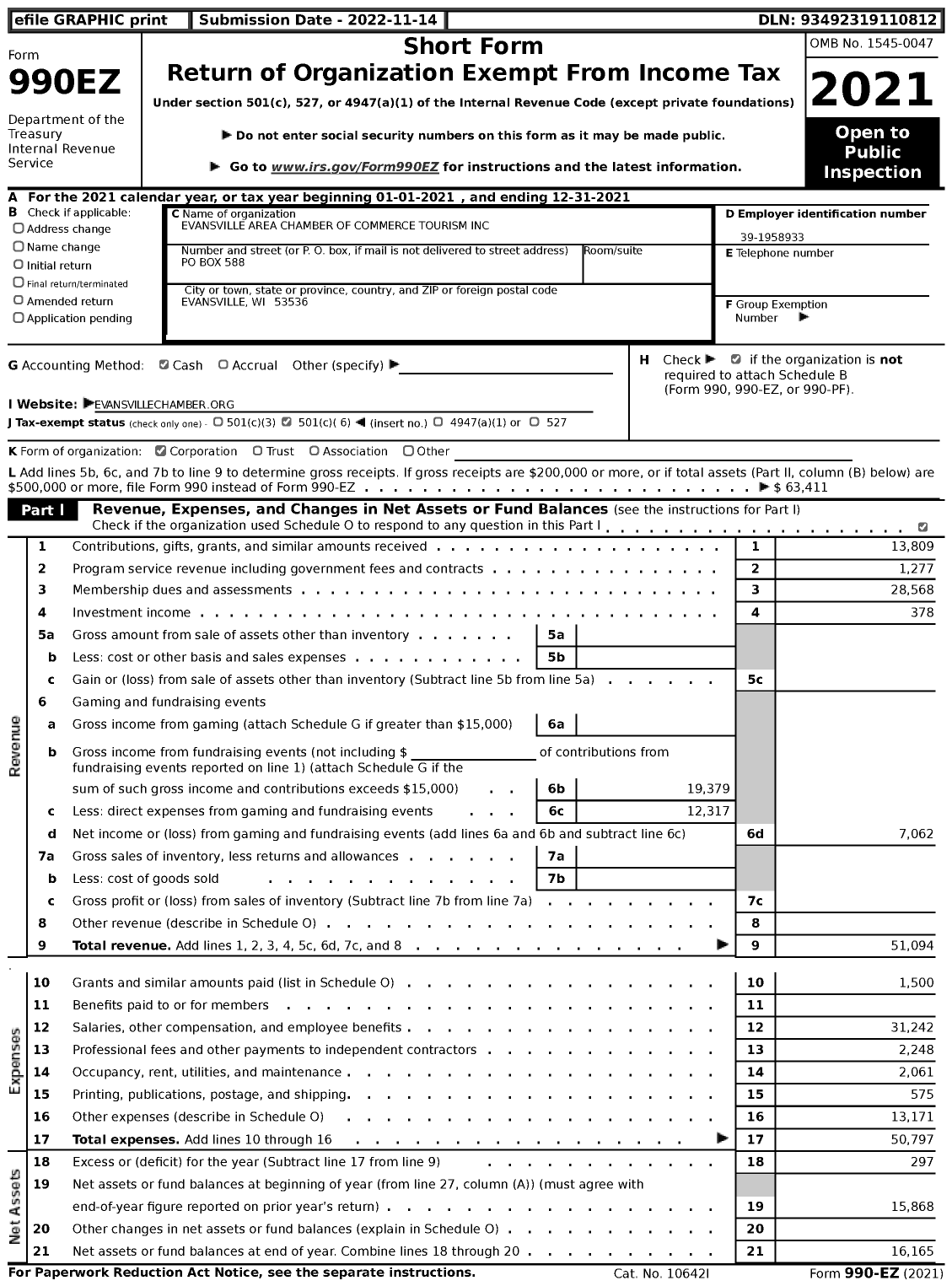 Image of first page of 2021 Form 990EZ for Evansville Area Chamber of Commerce Tourism