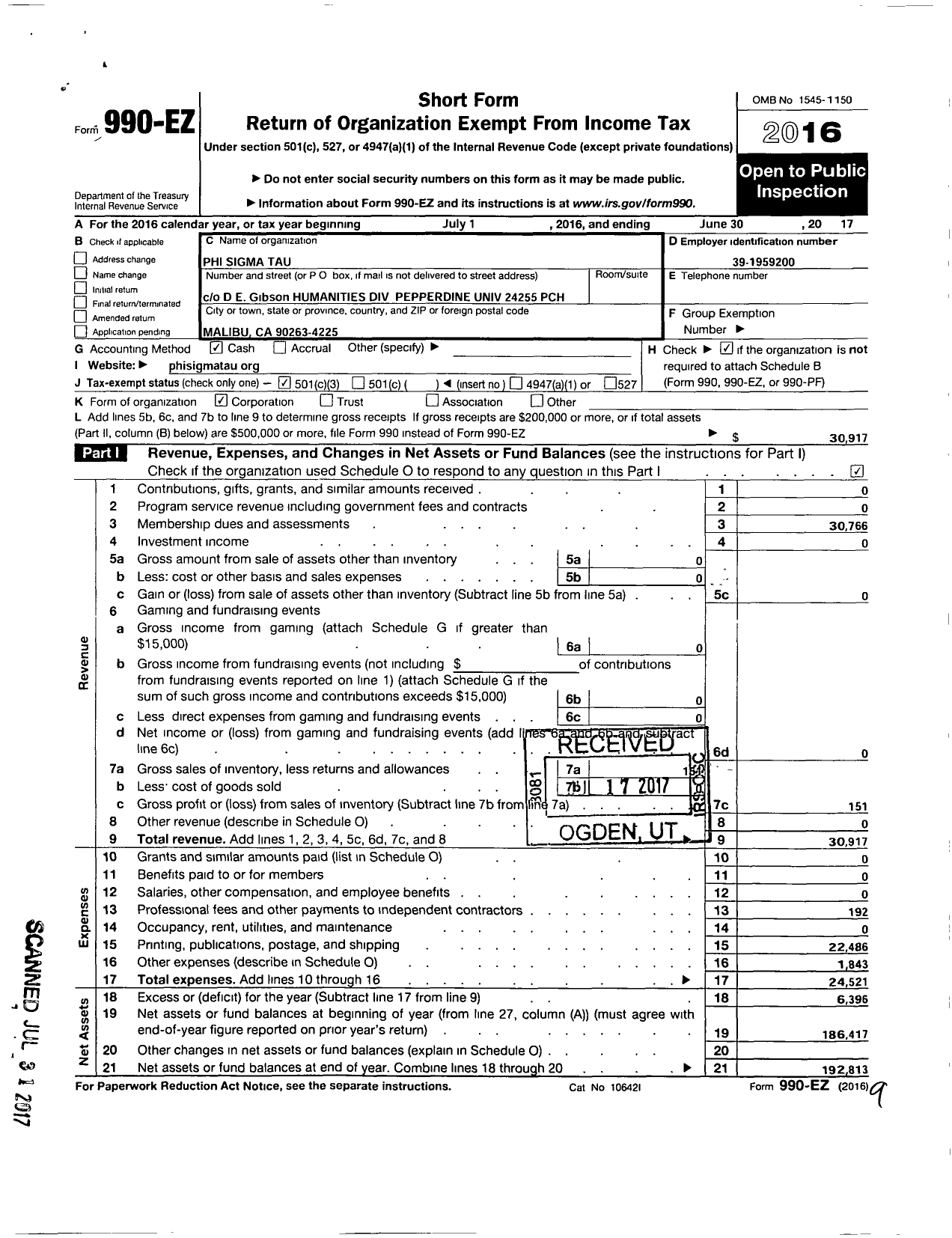 Image of first page of 2016 Form 990EZ for Phi Sigma Tau National Honor Society in Philosophy