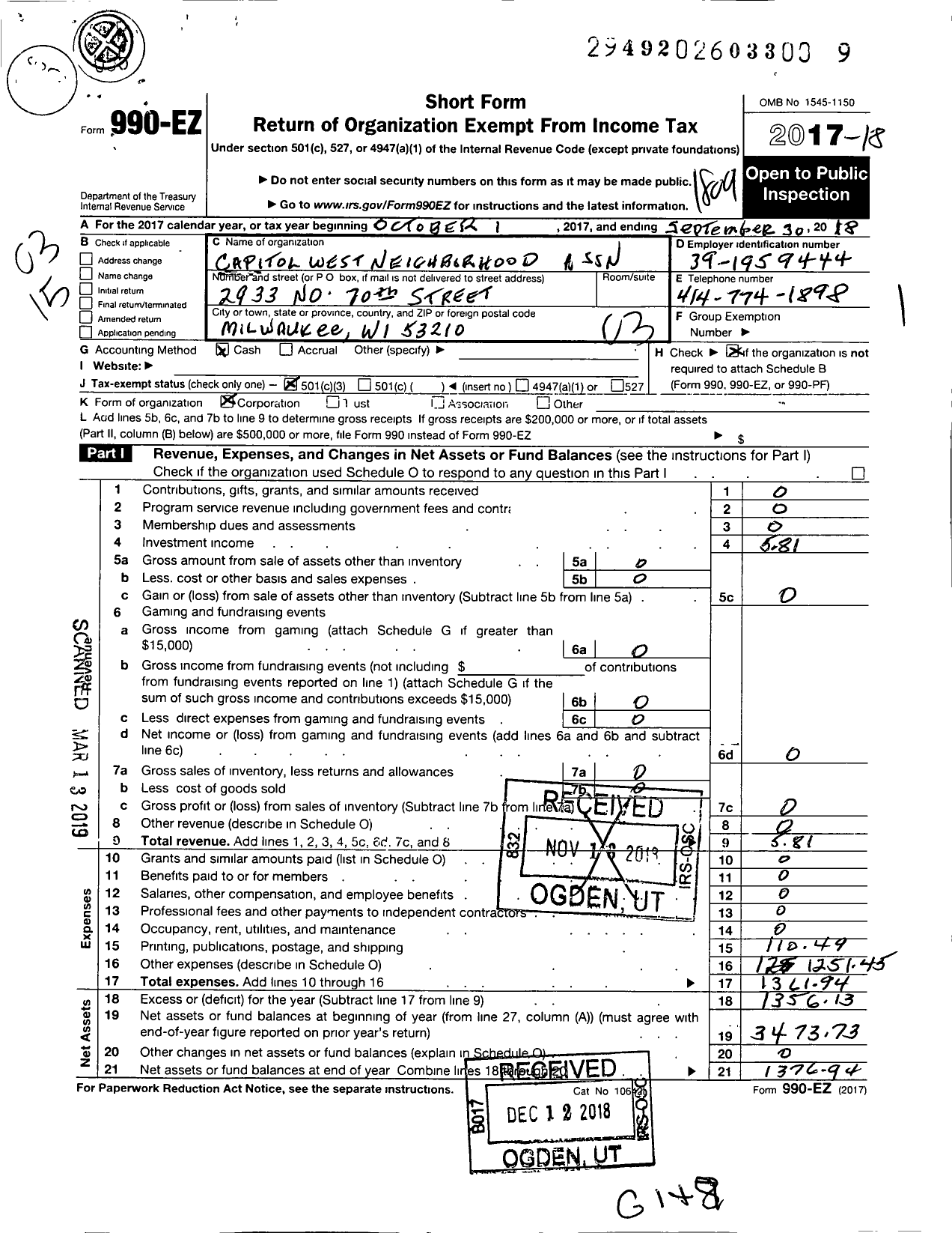 Image of first page of 2017 Form 990EZ for Capital West Neighborhood Association