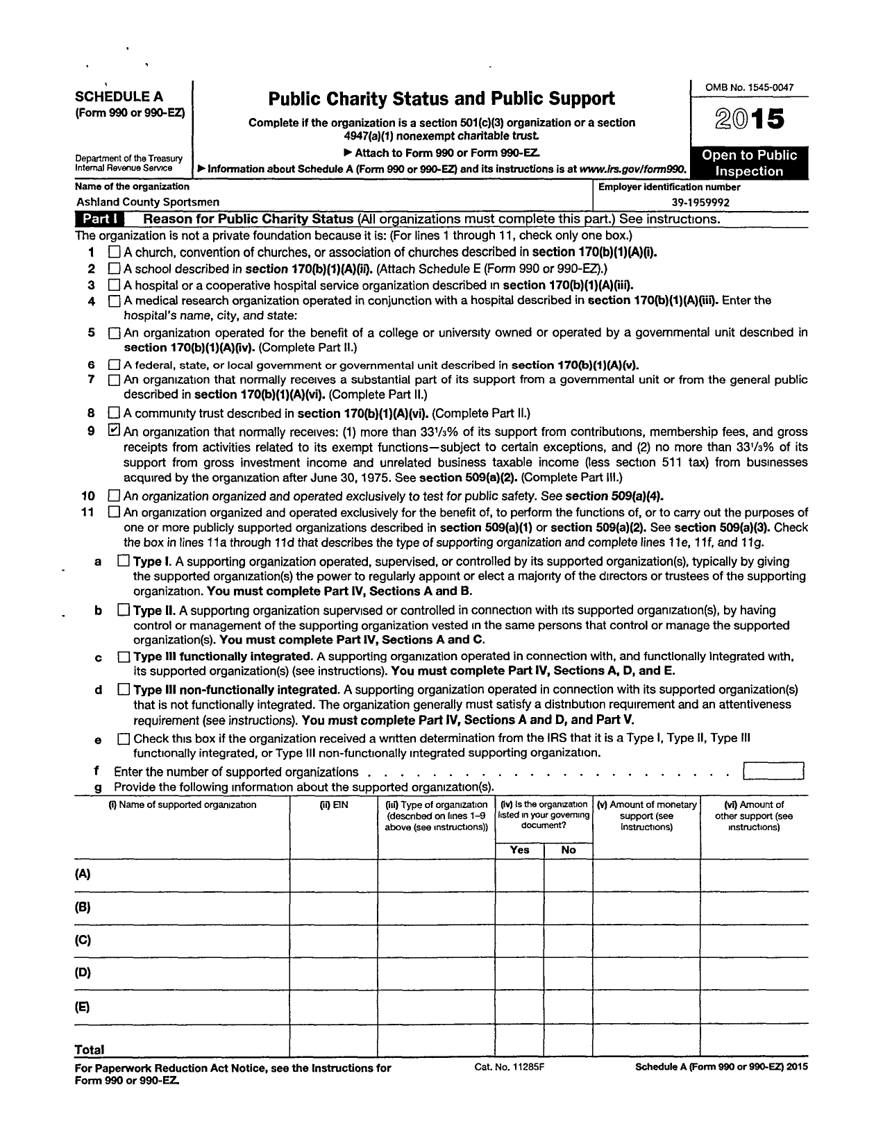 Image of first page of 2015 Form 990ER for Ashland Bayfield County Sportsmen