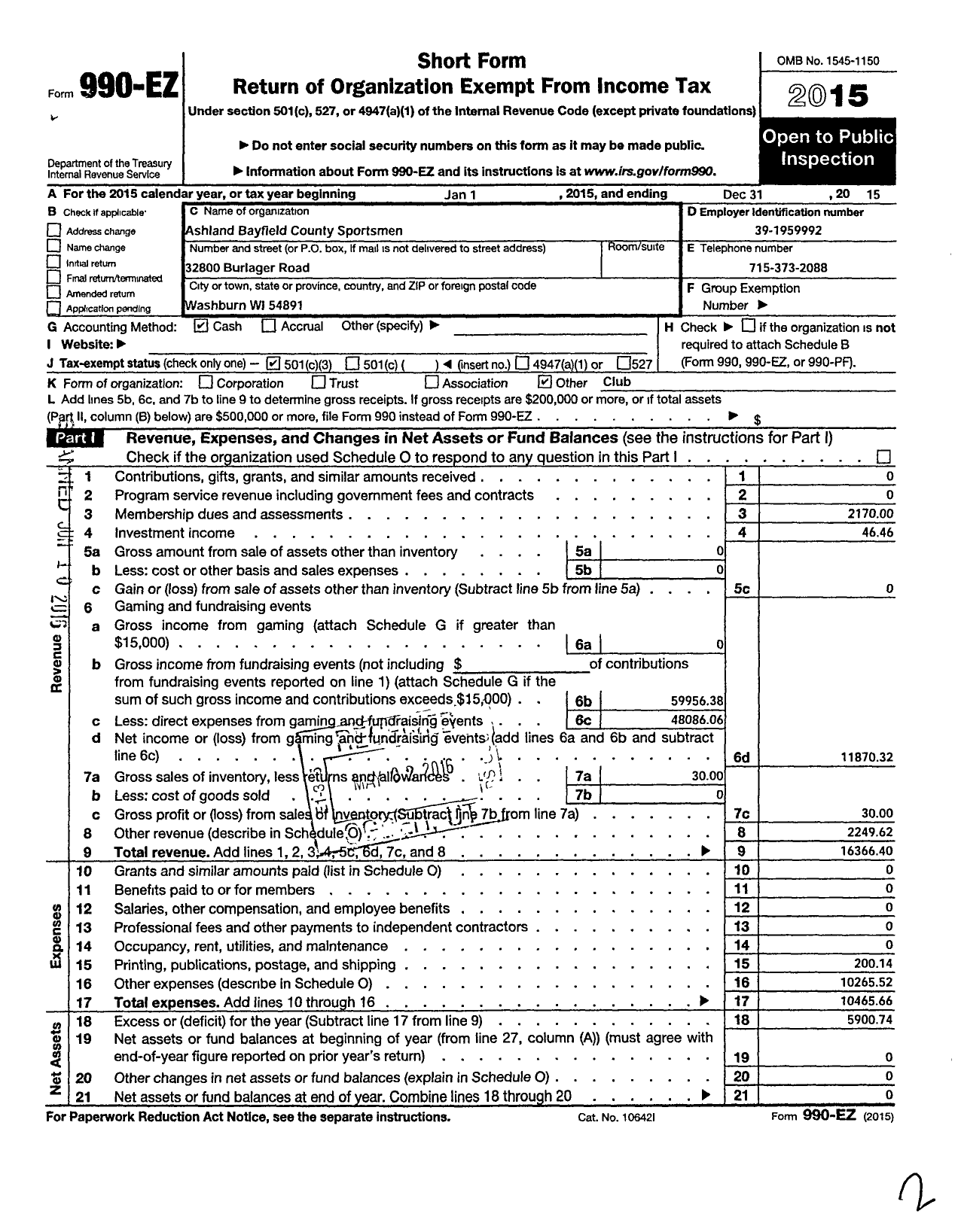Image of first page of 2015 Form 990EZ for Ashland Bayfield County Sportsmen