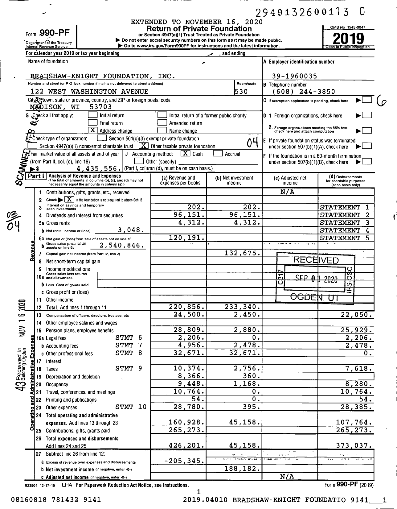 Image of first page of 2019 Form 990PF for Bradshaw-Knight Foundation