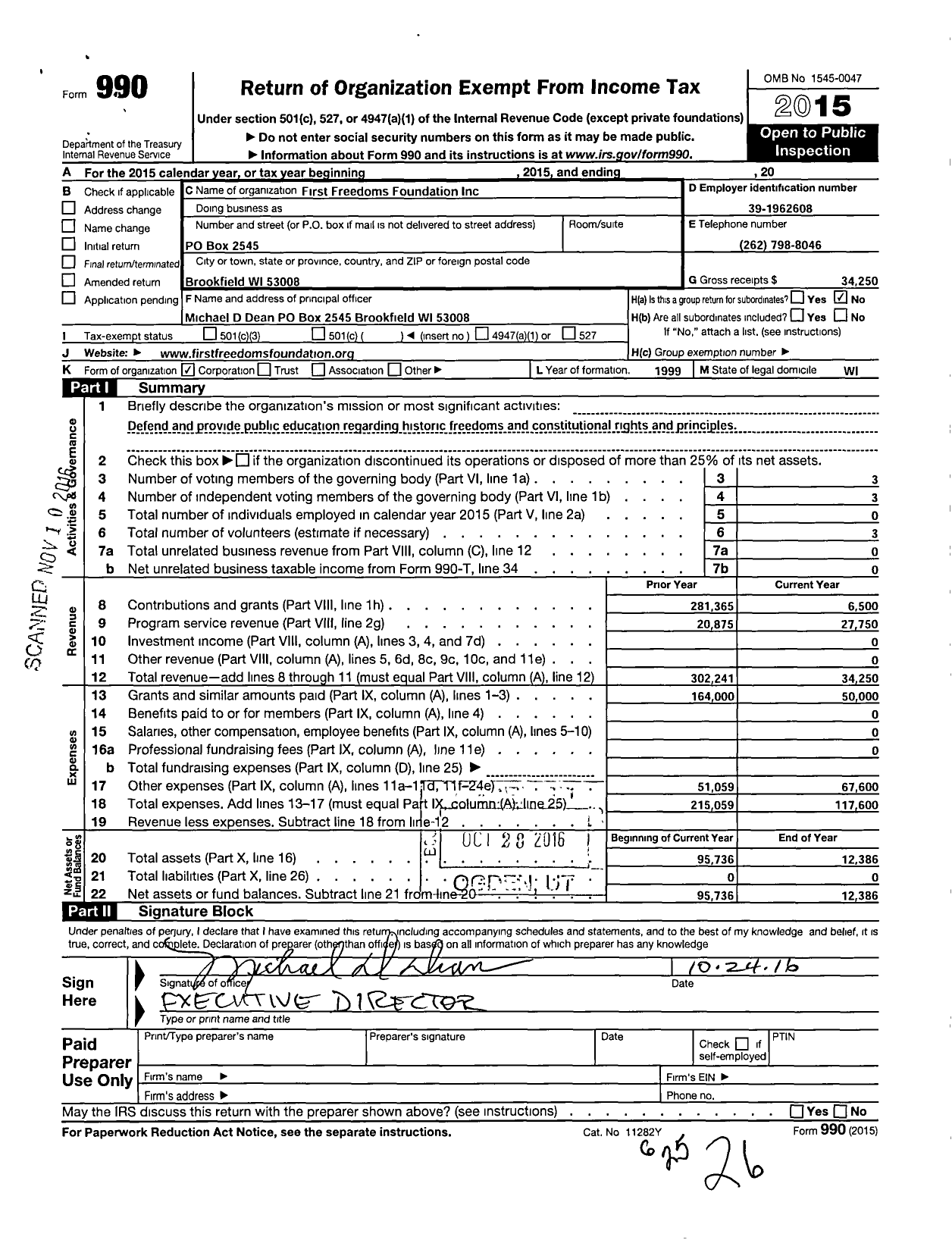 Image of first page of 2015 Form 990O for First Freedoms Foundation