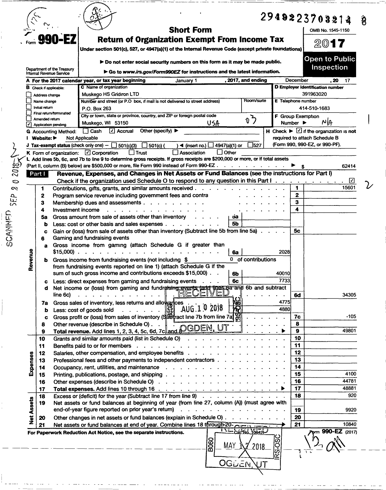 Image of first page of 2017 Form 990EZ for MHS Gridiron Club