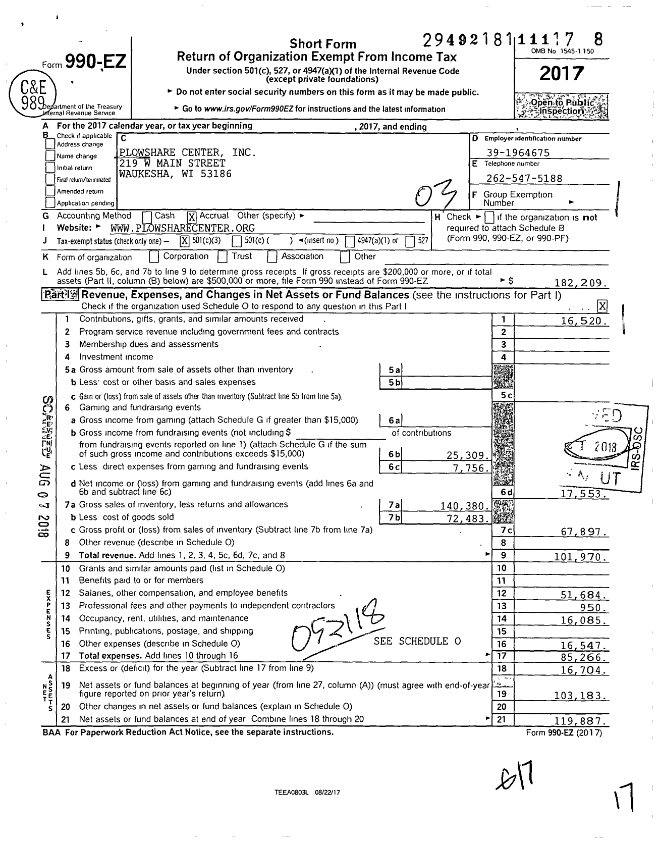 Image of first page of 2017 Form 990EZ for Plowshare center