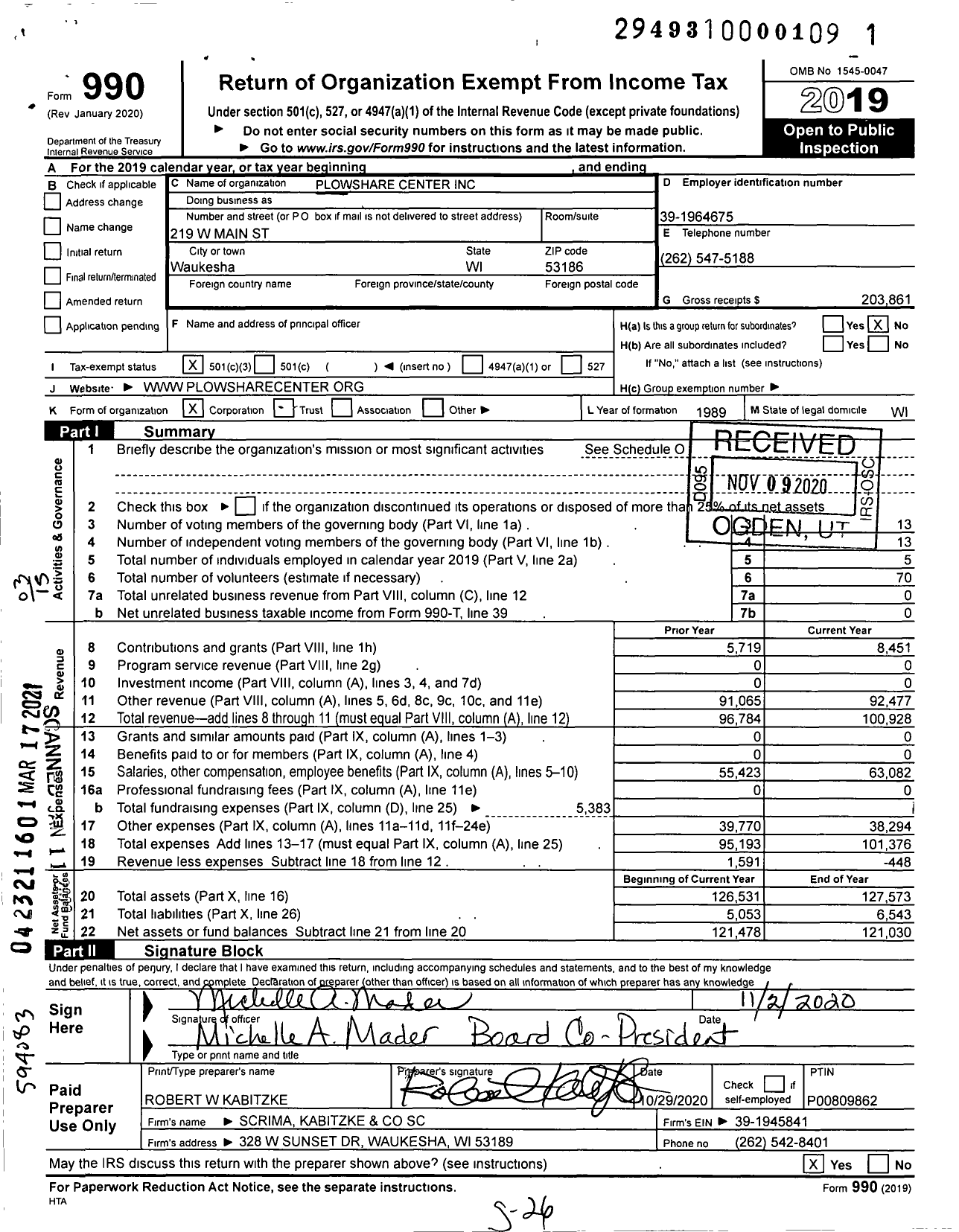 Image of first page of 2019 Form 990 for Plowshare center